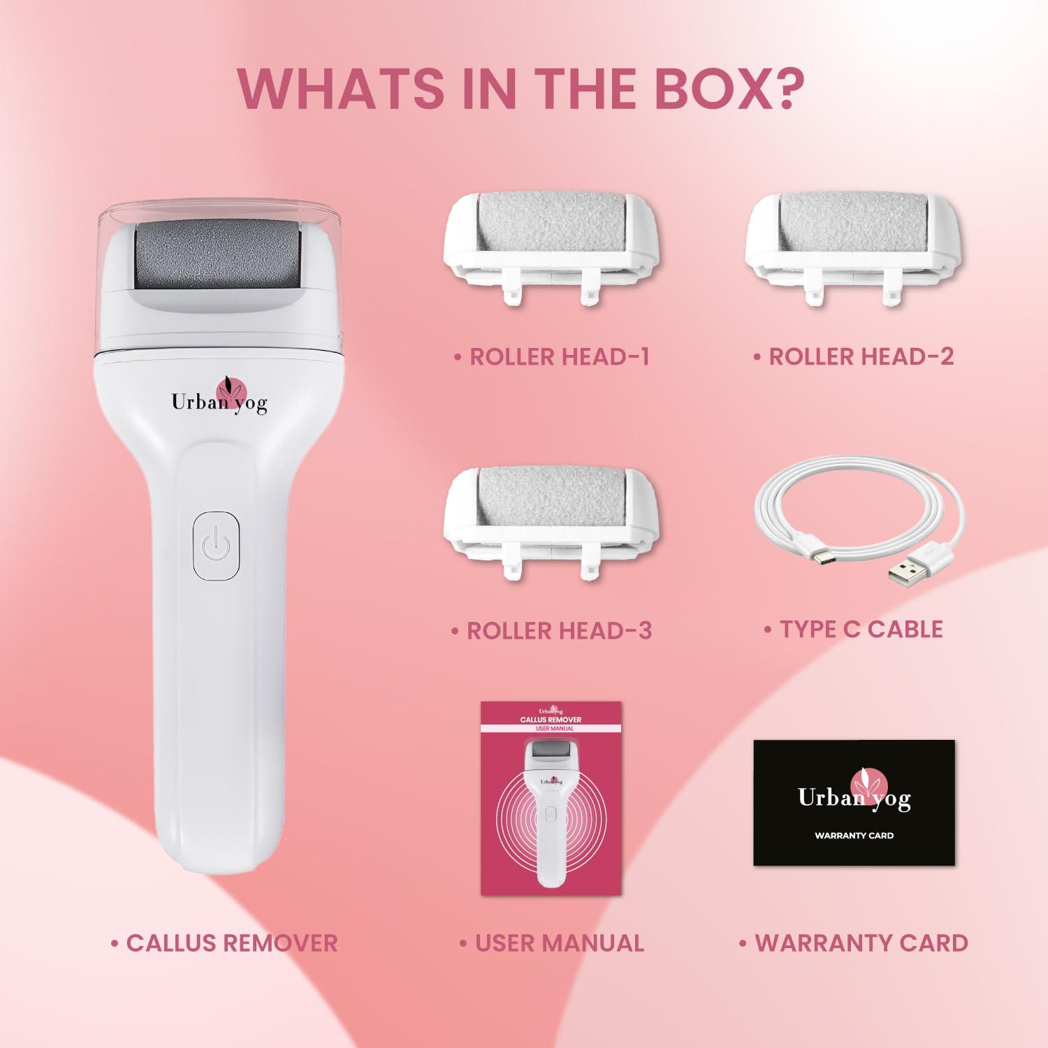 Urban yog Urban yog Callus Remover with 3 Interchangeable Head Rollers, Rechargeable, Callus & Dead Skin Removal, Pedicure Device Filer for Foot Care, 2 Speed Settings, Fast Type-C Charging, 1200mAh Battery