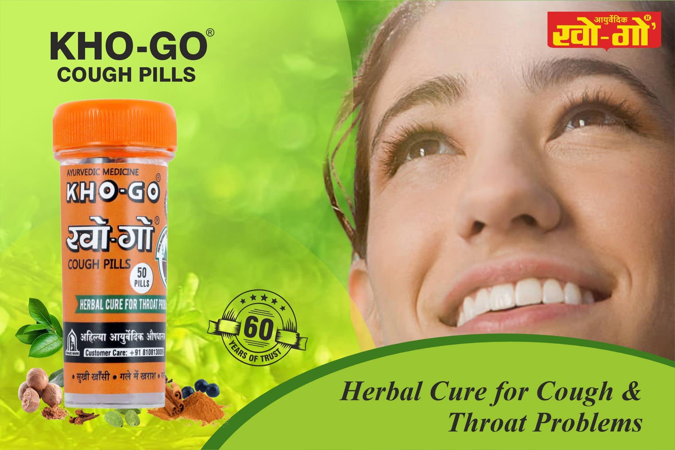 KHO-GO Khogo Pills For Cough & Sore Throat, Ayurvedic Tablets For Seasonal Cough & Bad Breath, 50 Pills in each Btl, 50 Tab, Pack Of 2