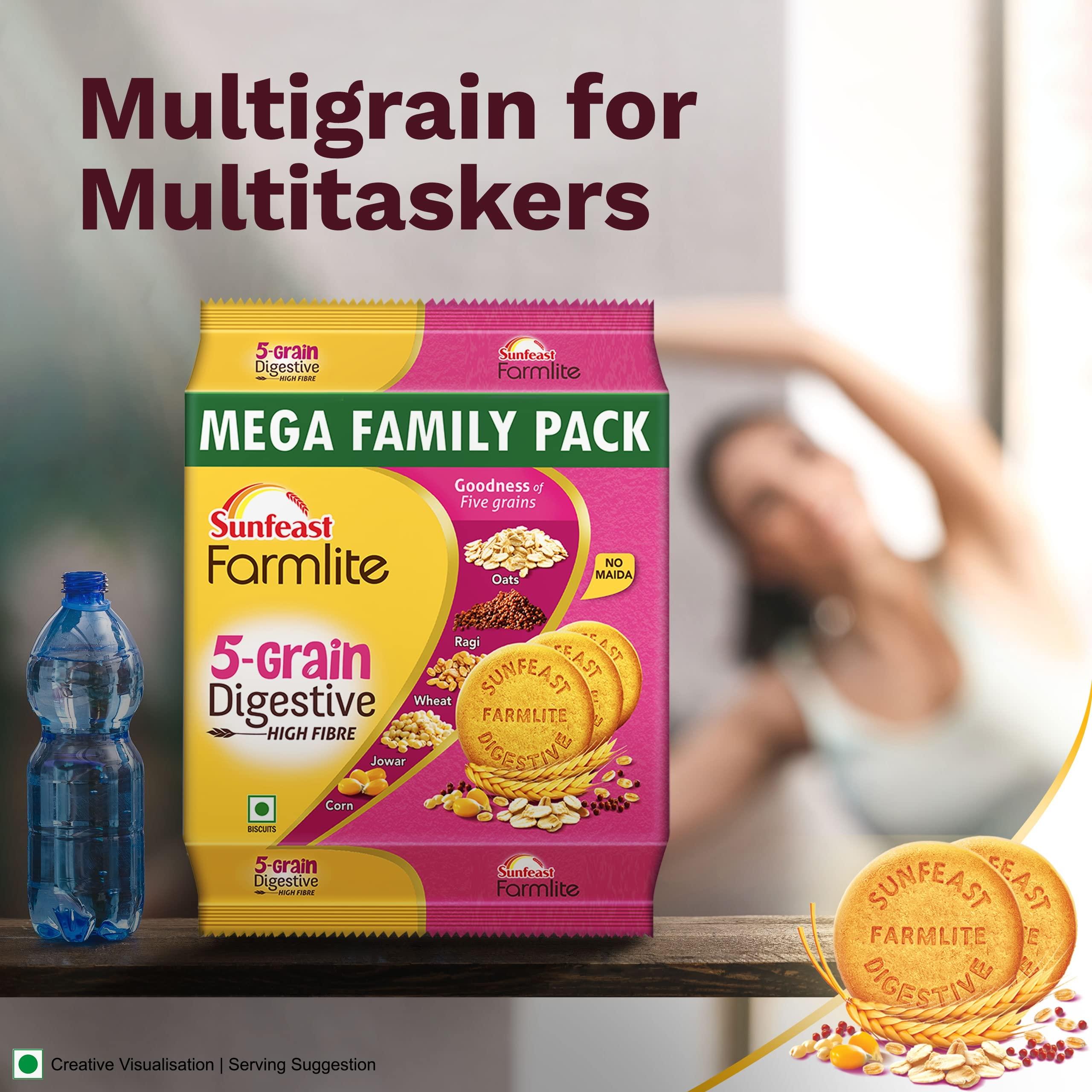 Sunfeast Farmlite Sunfeast Farmlite 5 Grain Digestive Biscuit, High Fibre Biscuit, Goodness of 5 Grains, 800 g Pack & Sunfeast Marie Light Active Bag, 1 kg