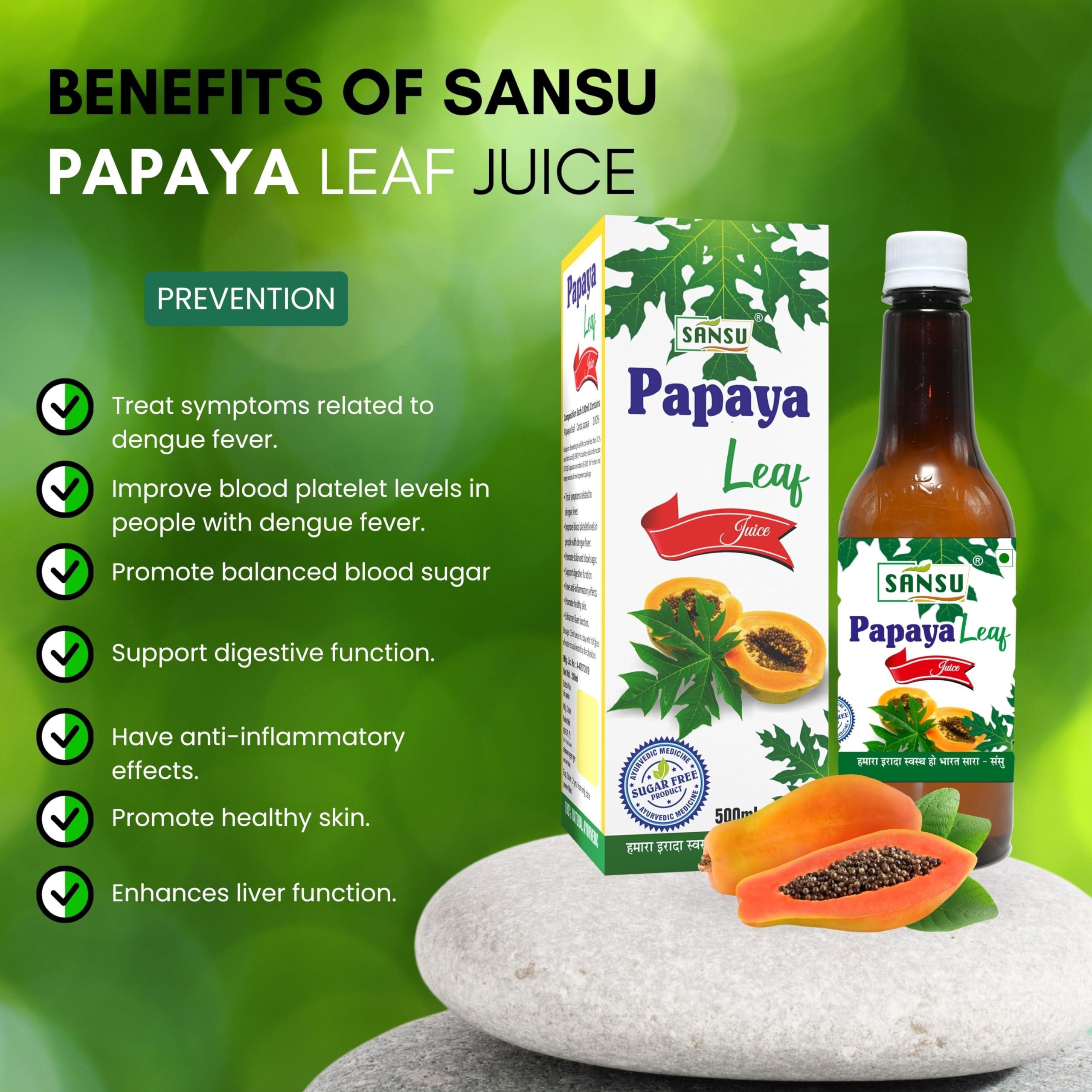 SANSU Sansu Papaya Leaf Juice (Sugar Free), Ayurvedic, 100% Pure & Natural, 500ml.