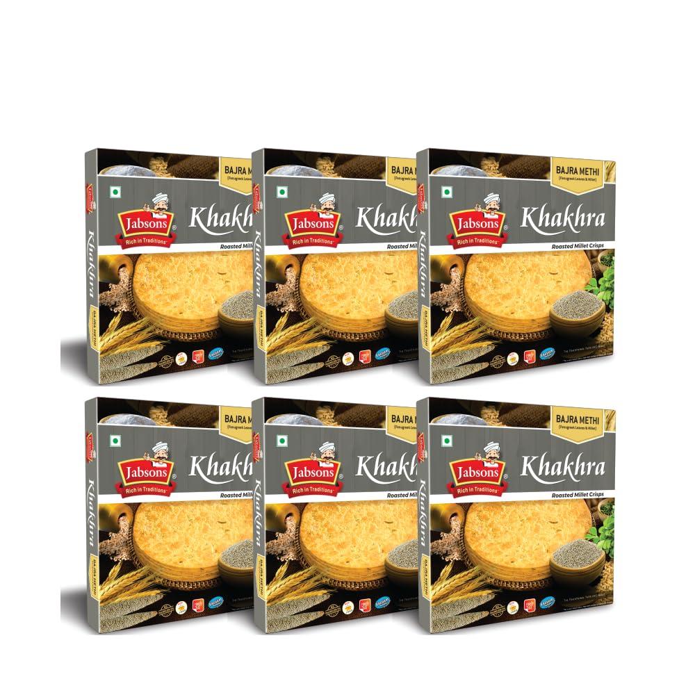 Jabsons Jabsons Bajra Methi Khakhra | 100% Roasted No Onion No Garlic | Ready To Eat Vacuum Sealed | Crispy and Healthy Snack Ideal for Chai Time | Diet-Friendly Gujarati Khakhra 180 gm (Pack of 6)