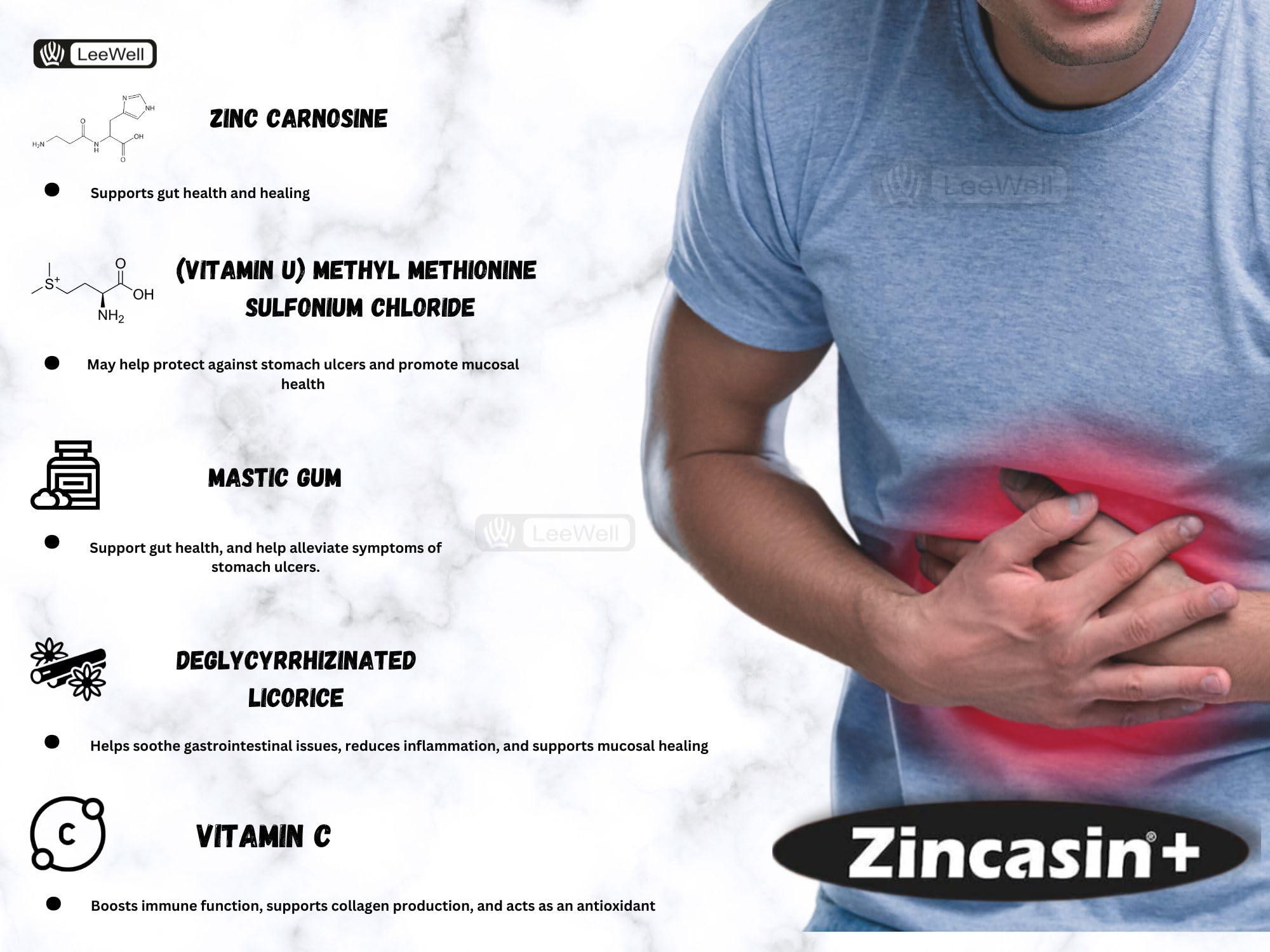 Zincasin zincasin +plus Zinc L carnosine, Vitamin U, DGL Deglycyrrhizinated Licorice Root, Mastic gum Supplements | Gastric Reflux, IBS, H pylori, Bloating, Gut health Support - 60 tablets