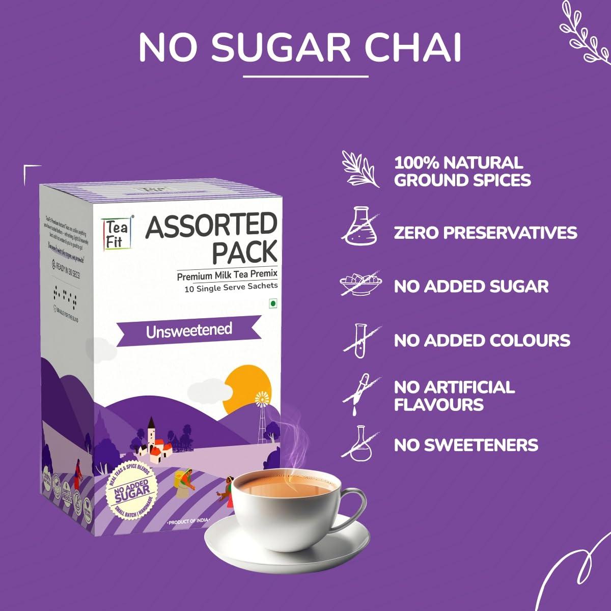 TeaFit TeaFit Premium Zero Sugar Instant Assorted Tea Pack of 24 Sachets (336gm) | Ginger-Cardamom-Masala-Saffron-Lemongrass Instant Milk Tea Premix | Diabetic Friendly | Instant Tea Premix | Tea Powder