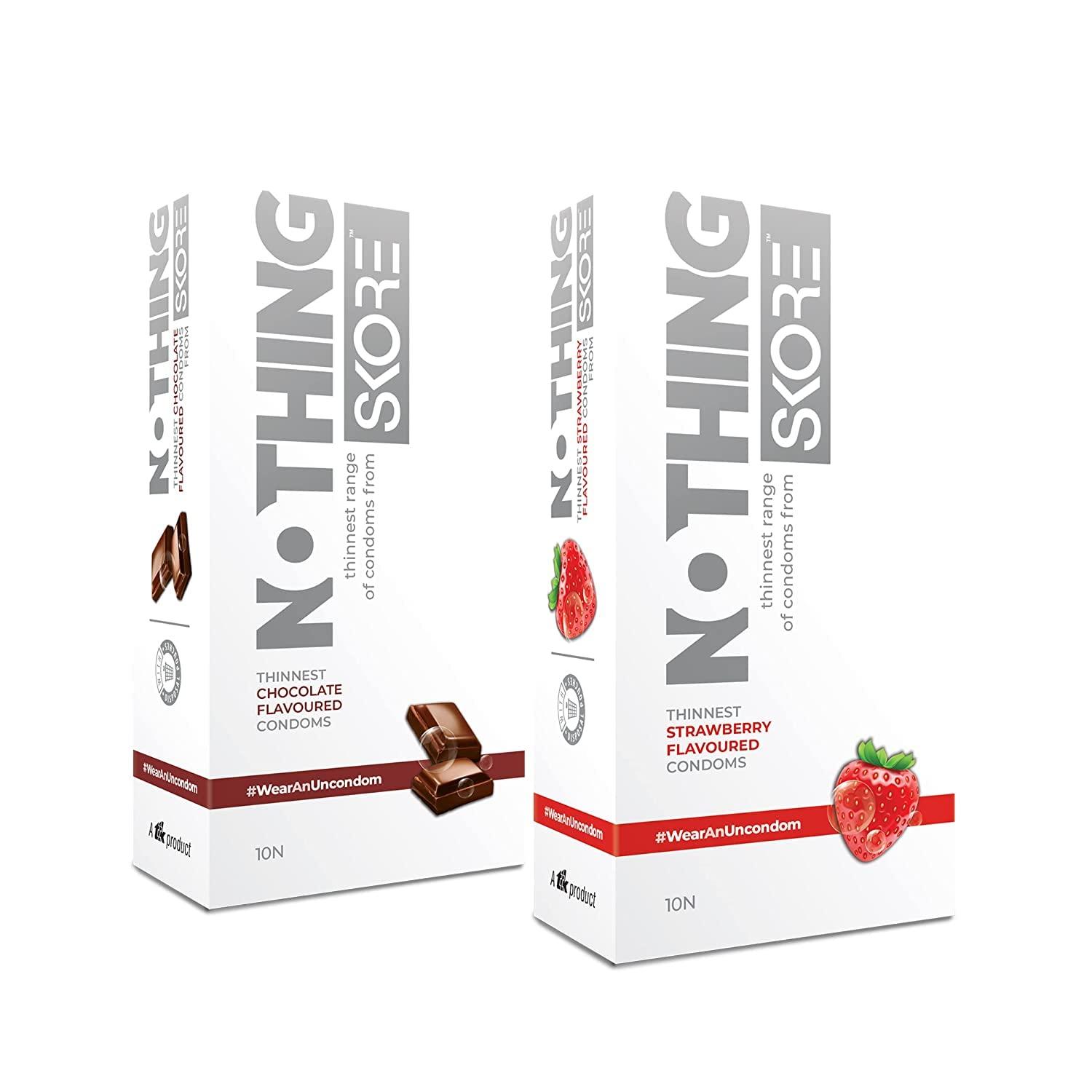 Skore Skore Nothing Thinnest Pleasure Condoms | Flavored Chocolate & Strawberry | With Disposal Pouches| Pack of 2 | 10's each