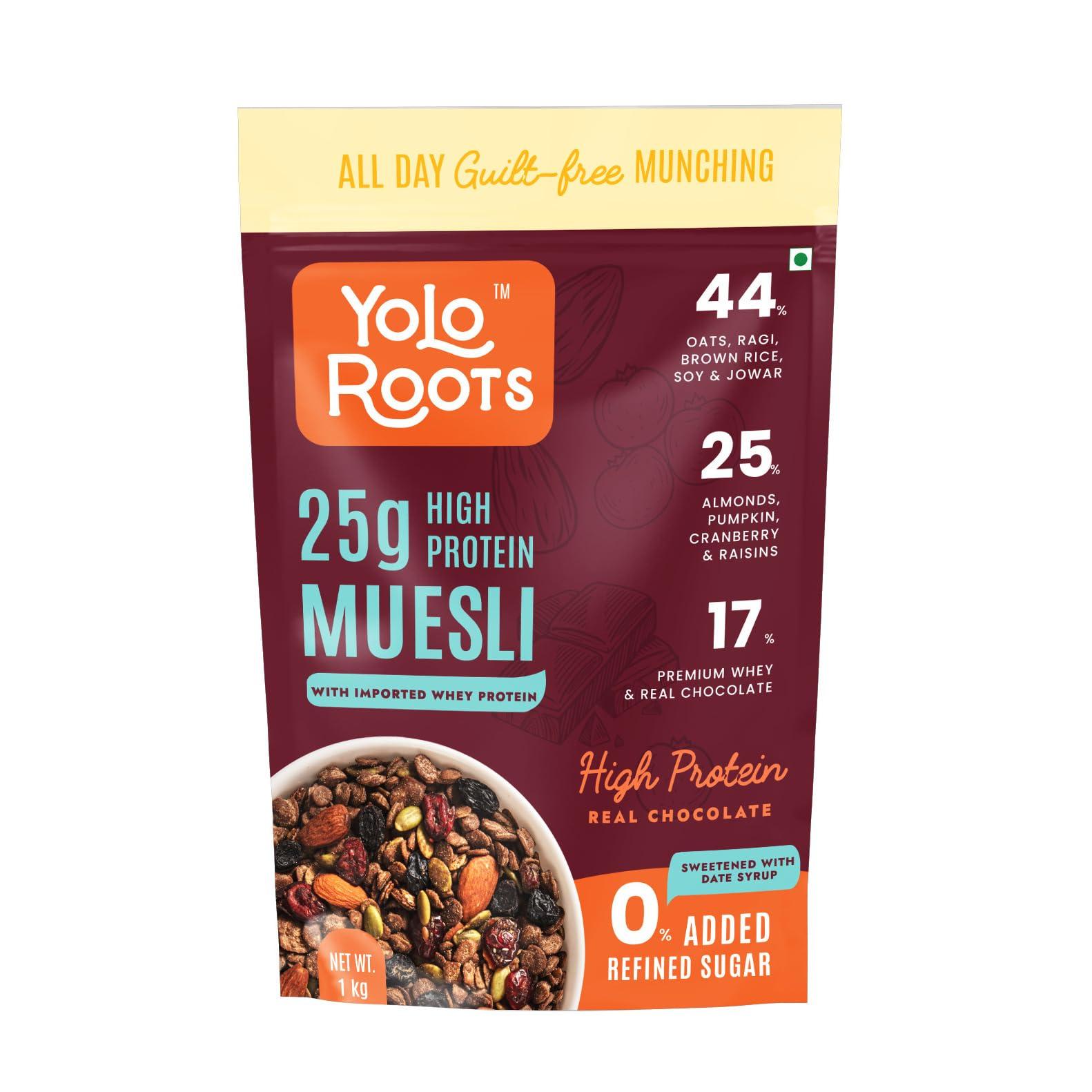 Yolo Roots Yolo Roots High Protein Dark Chocolate Muesli 1 Kg | India\'s 1st 25gm Protein per 100gm Muesli with Premium Whey Protein, 25% Almond, Pumpkin & Cranberry | No Added Refined Sugar | Made in Date Syrup