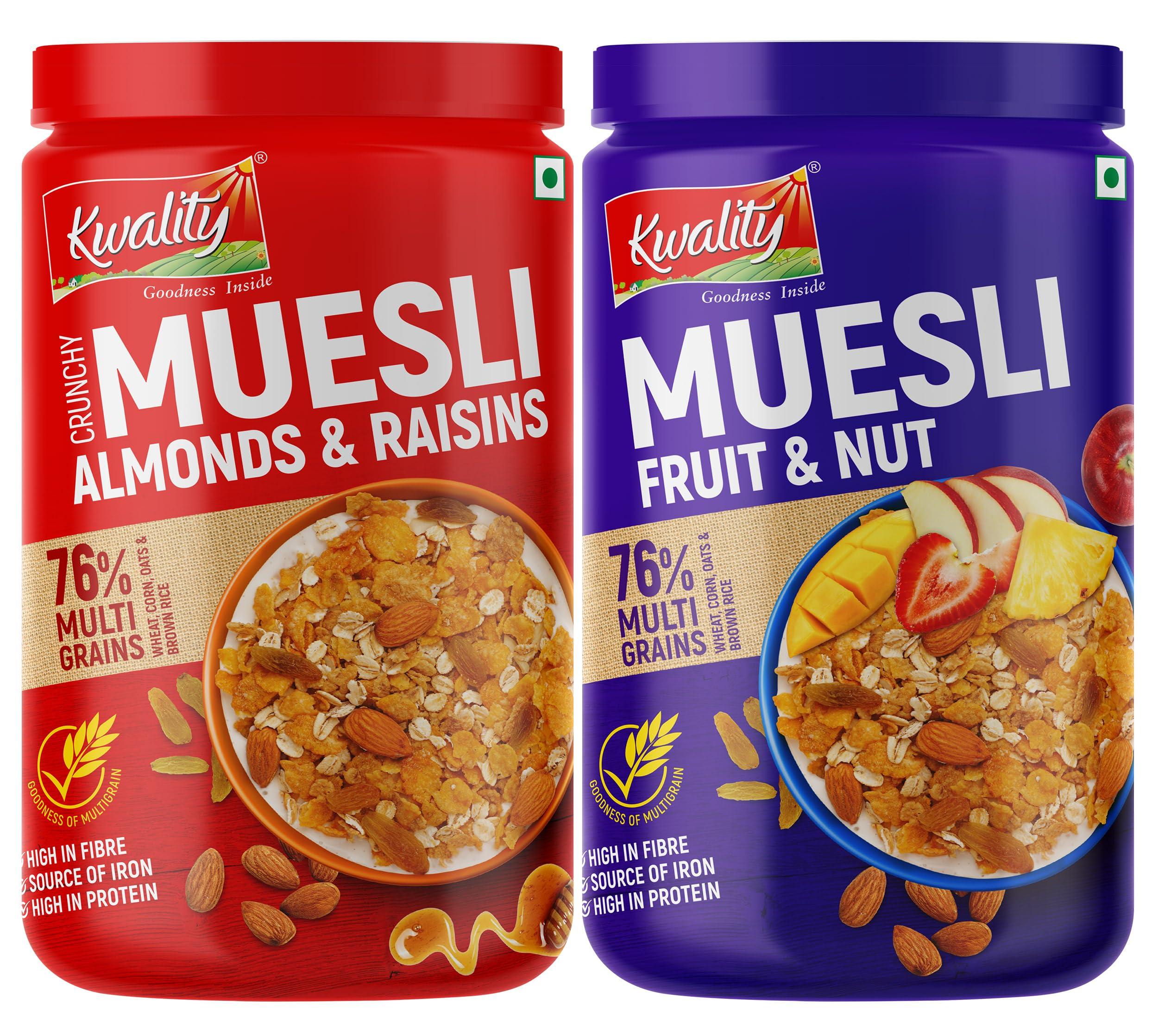 KWALITY Kwality Muesli Combo 2kg Jar | Almond, Raisins & Honey 1kg + Fruit & Nut 1kg | 76% Multi Grains | Natural Source of Vitamin & Iron | High in Protein & Fiber | Healthy Food & Breakfast Cereal