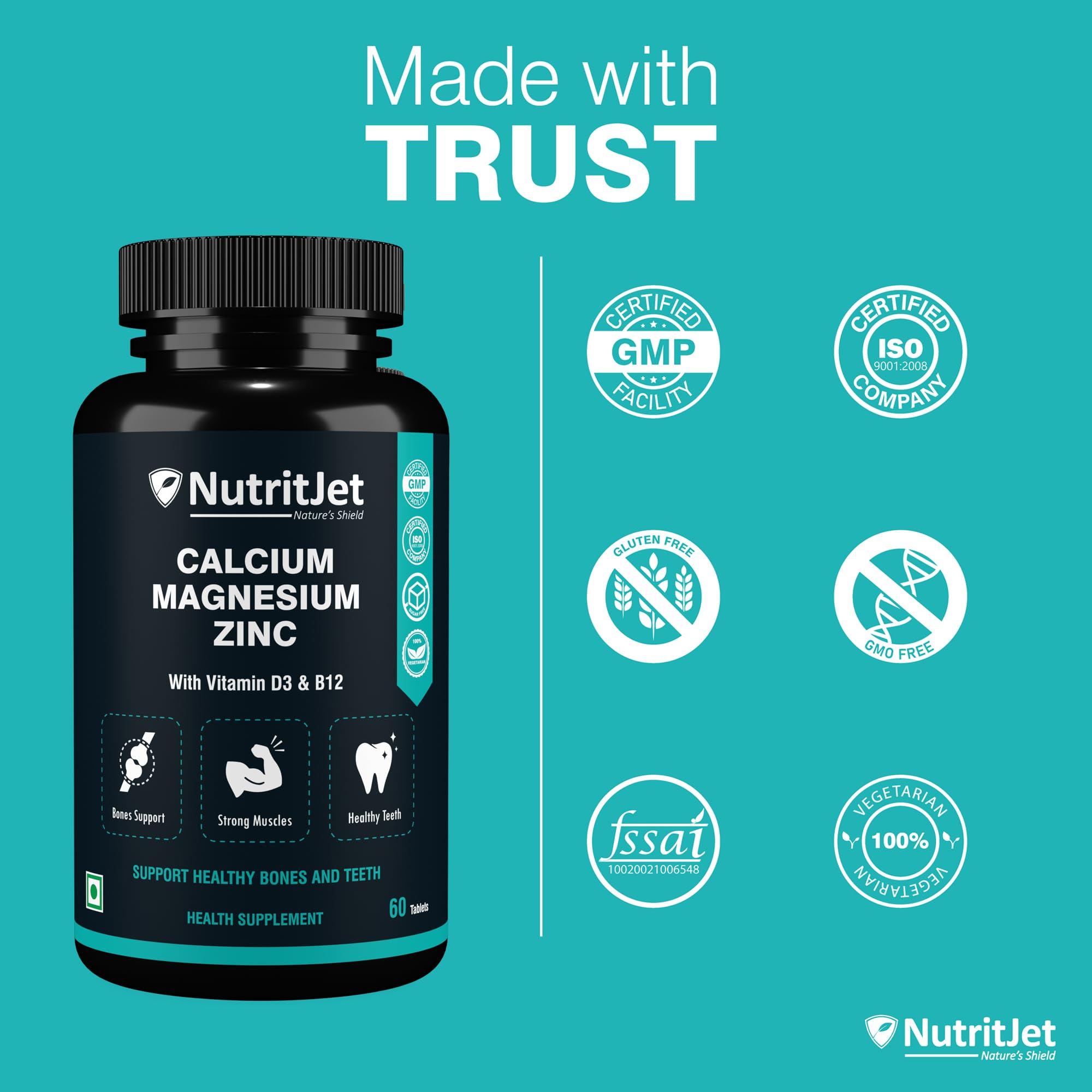 NutritJet NutritJet Calcium Magnesium Zinc Vitamin D3 Vitamin B12 & Vitamin K2 60 Vegetarian Tablets for Bone Health, Joint Support, and Immunity Support for Women & Men