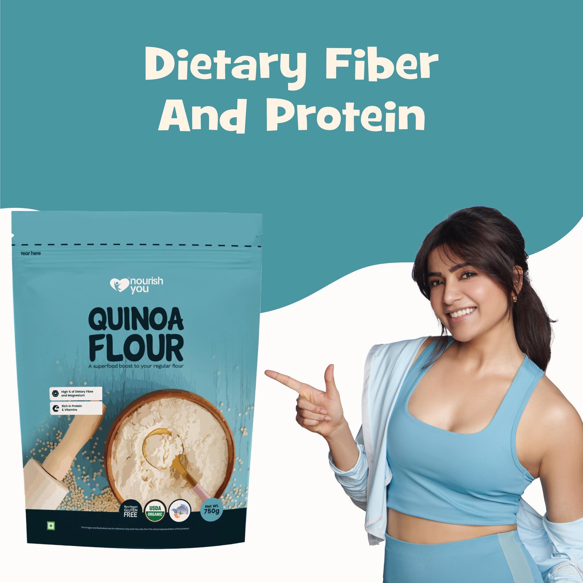 NOURISH YOU Nourish You Organic Quinoa Flour 2.25Kg | USDA Certified Gluten Free Atta | Enriched with Dietary Fibre, Protein & Vitamins | Improves Gut Health | Superfood | No Preservatives | Pack of 3 | 750G Each