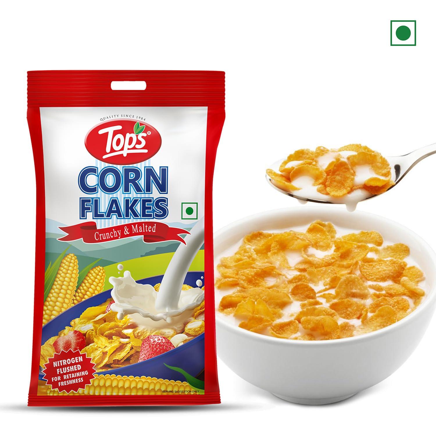 TOPS TOPS Corn Flakes 1 kg (500 gm *2 pouch) | No Added Flavour| Low Fat & Low Cholesterol | Dietary Fibre | Deliciously Crunchy | Breakfast Cereal