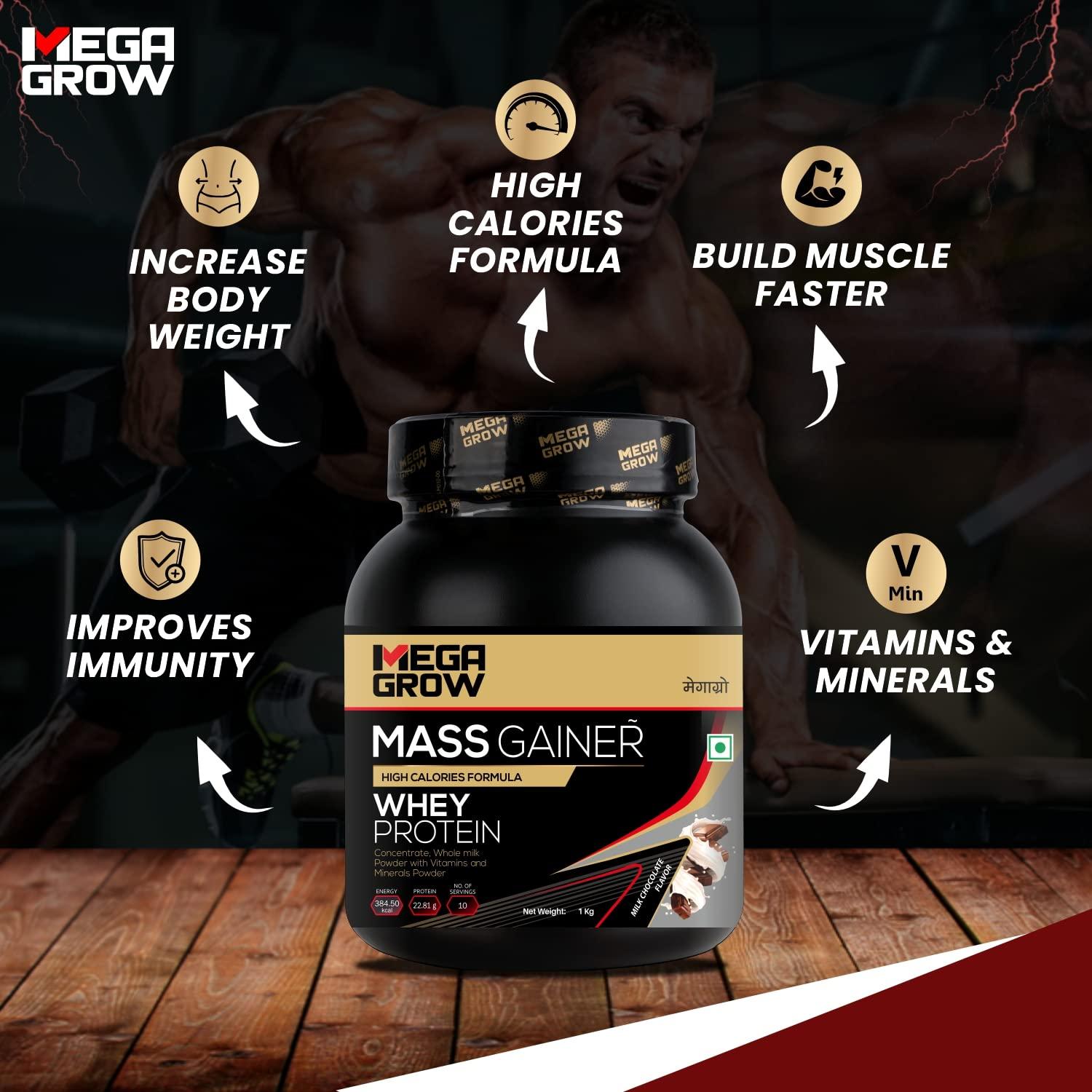 MEGAGROW MEGAGROW Mass Gainer 1Kg,Milk Chocolate Flavor-High Calorie Weight Gain Protein Powder,Bulking Supplement Powder,Mass & Weight Gainer Shakes For Men & Women Total 10 Servings