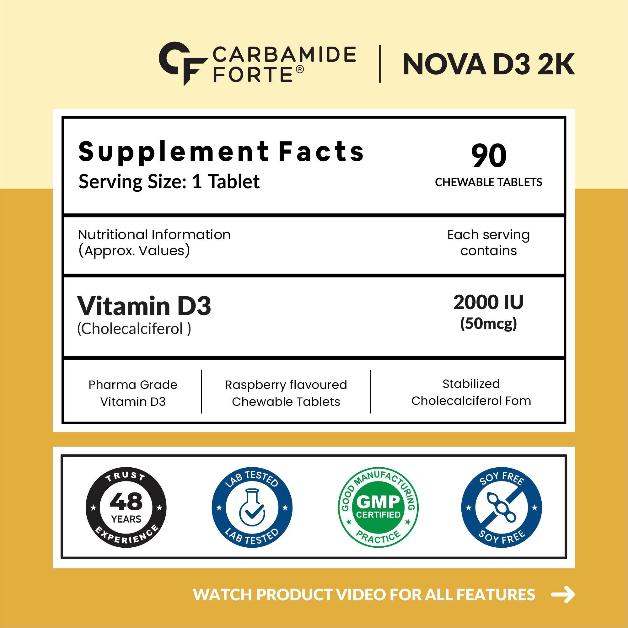 Carbamide Forte Carbamide Forte Vitamin D3 2000IU | Vitamin D Tablets for Bone & Immune Health | D3 supplement -Cholecalciferol | Vitamin D3 Tablets for Women & Men | Raspberry Flavour - 90 Tablets