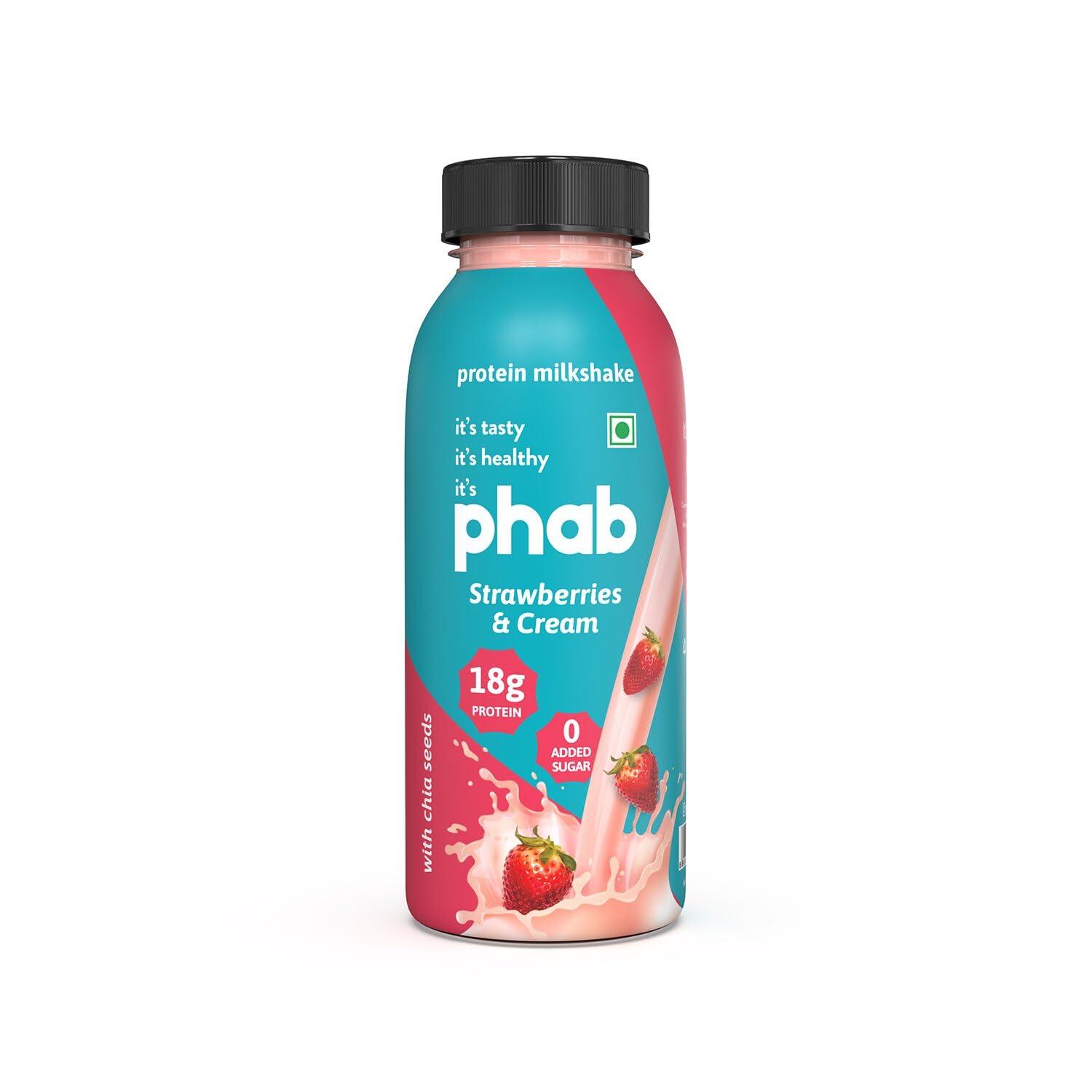 Phab Phab Strawberry Protein Milkshakes(200Ml, Pack Of 24) With 18G Protein & No Added Sugar | Gluten-Free & Gut-Friendly, Trans Fat Free | Healthy & Delicious Protein Shake