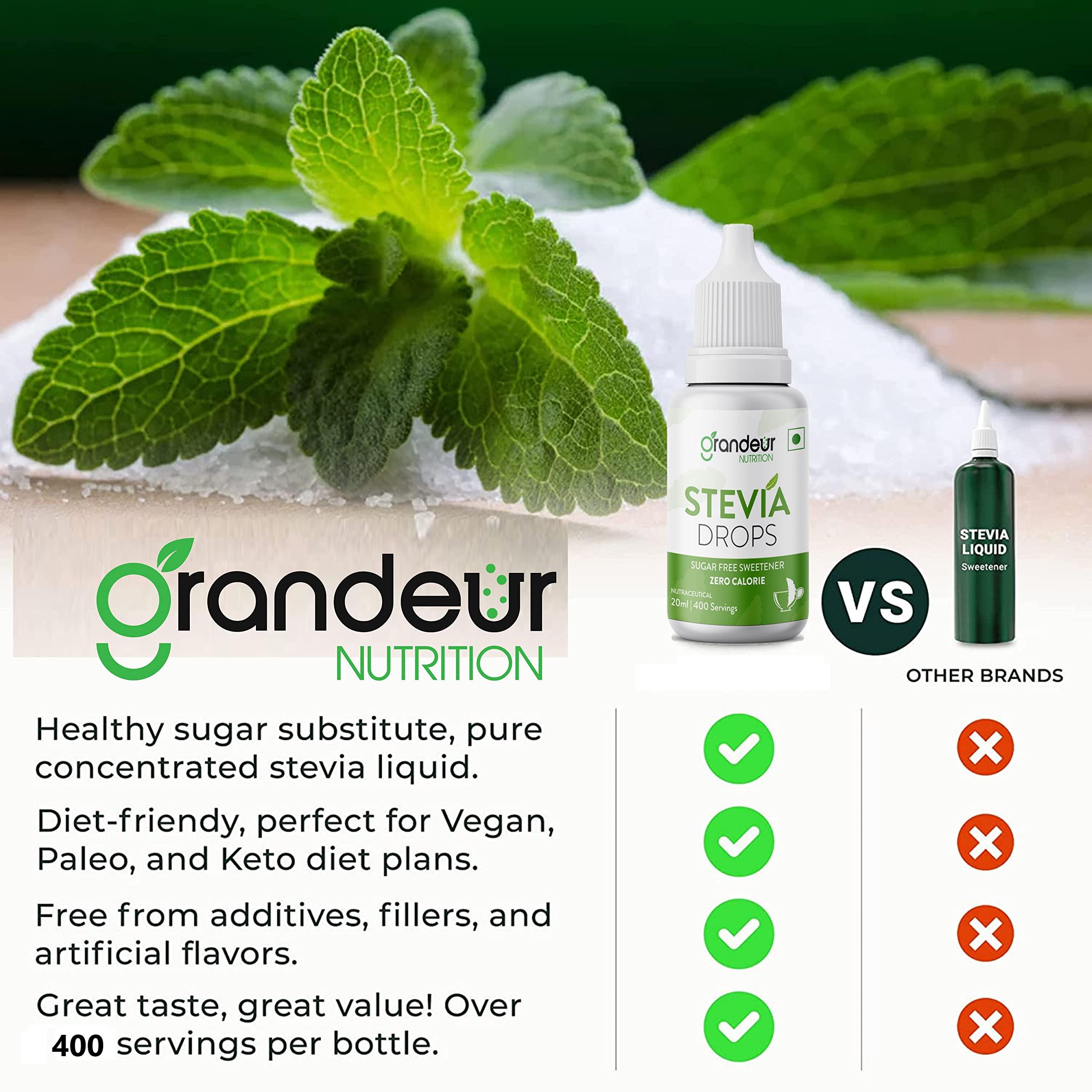 GRANDEUR Grandeur Zero Colorie Sugar Free Stevia Drops, No Maltodextrin No Dextrose, For Keto Diet & Weight Watchers, Sugar Substitute - 20ml (400 servings)