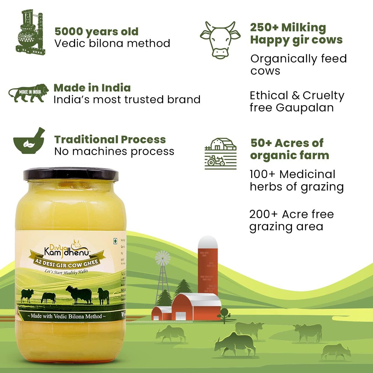 DIVYA KAMDHENU Divya Kamdhenu Cow A2 Ghee Cream Bilona Method (1L) Gir Cow Ghee, Organic, Grassfed, Cultured, Traditional Ghee, Desi Cow Ghee, Glass Bottle, 1 Litre Ghee 100% Pure Non GMO