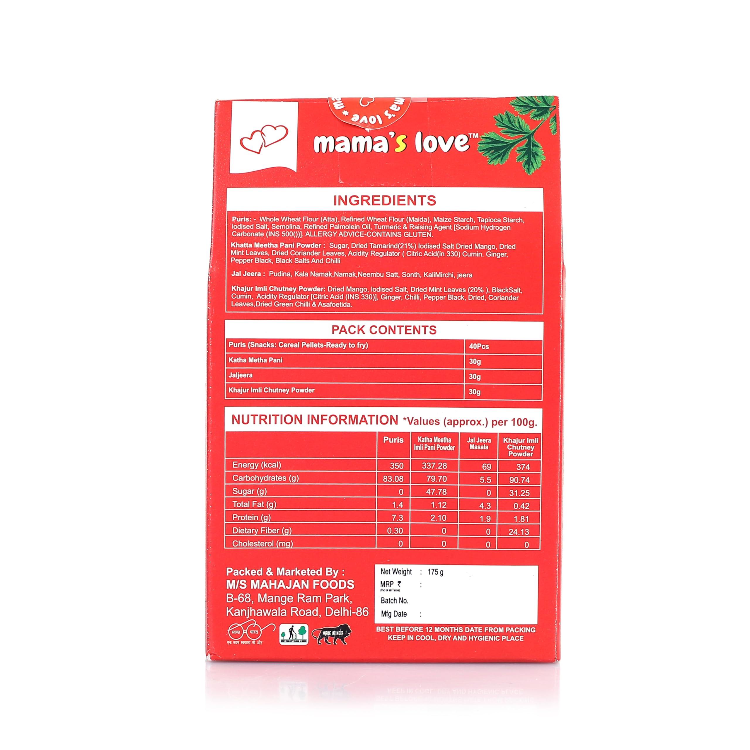 Mama\'s Love Mama\'s Love 450 Pcs Ready-to-Cook Khata Meetha Golgappa Pani Puri Packet Readymade - Homemade Pani Puris | Each Pack Includes 50 Pcs Pani Puri, 2 Types of Masala, 1 Tamarind Imli Chutny (Pack Of 9)