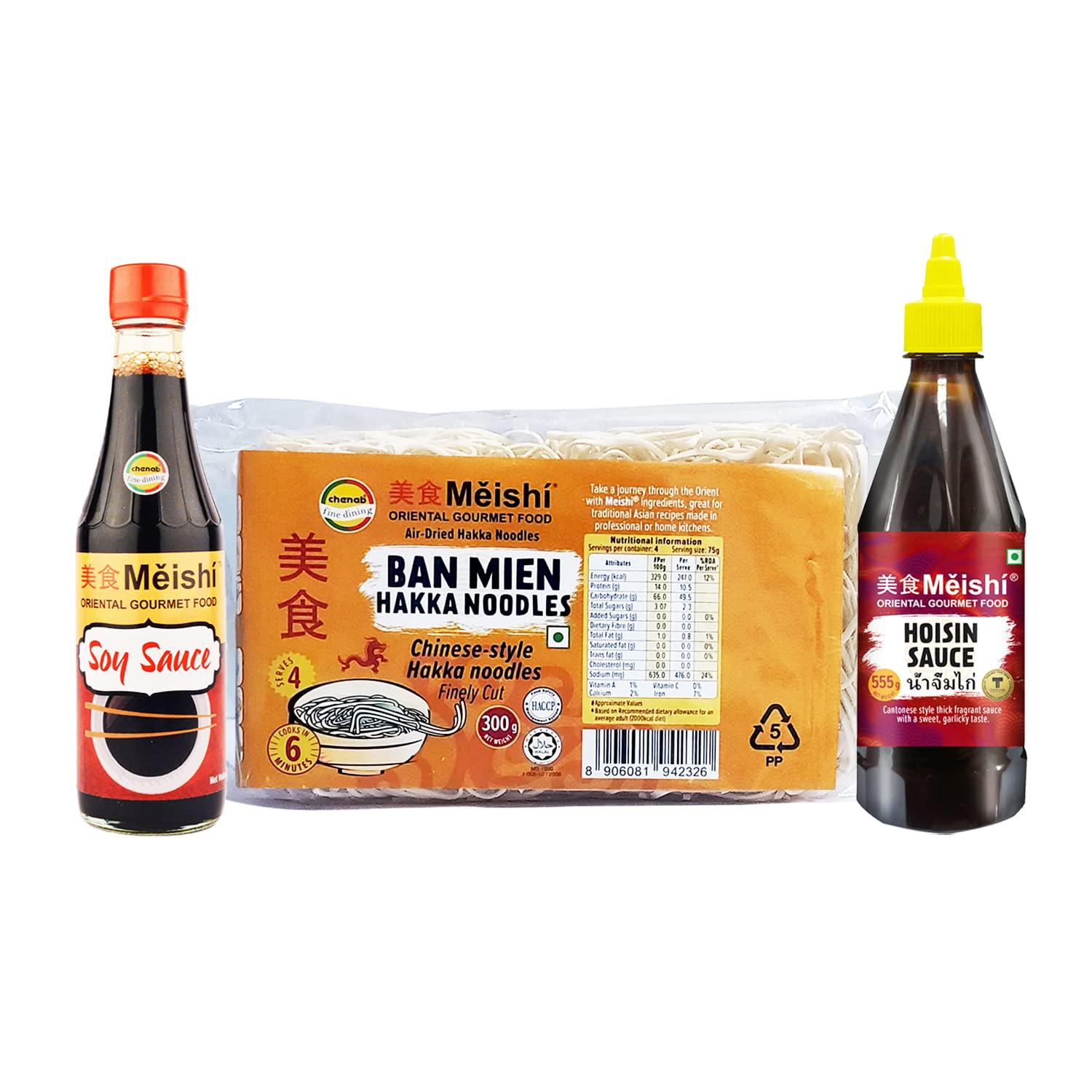 Meishi Meishi Chinese combo Pack | Hoisin Sauce | Soy Sauce | Ban Mien Handcut Hakka Fine Noodles