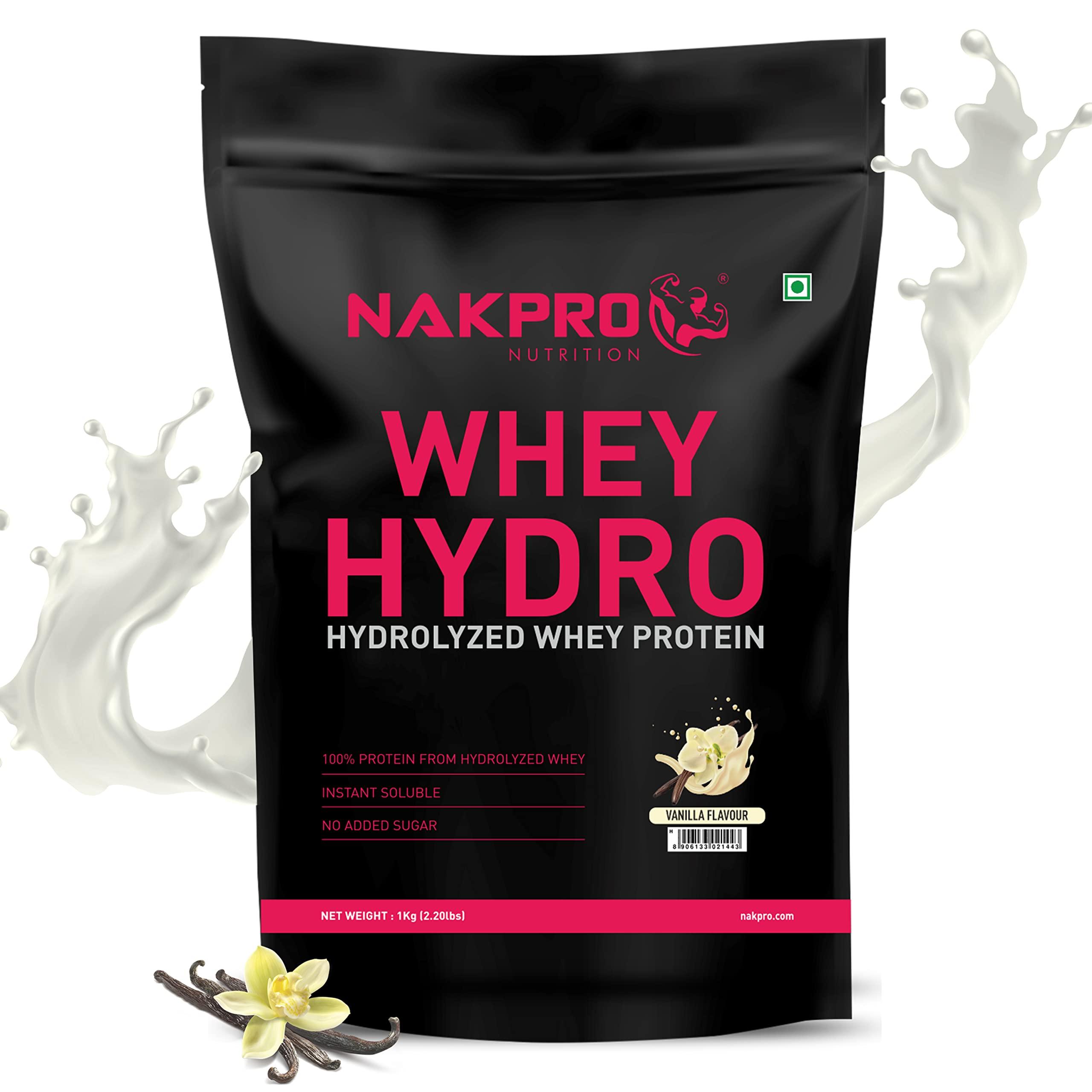 NAKPRO NAKPRO HYDRO Whey Protein Hydrolyzed | 25.4g Protein, 5.8g BCAA | Easy Mixing, Low Carbs, Easy Digesting Whey Protein Supplement Powder for Men, Women & Athletes | 1 Kg (Vanilla)