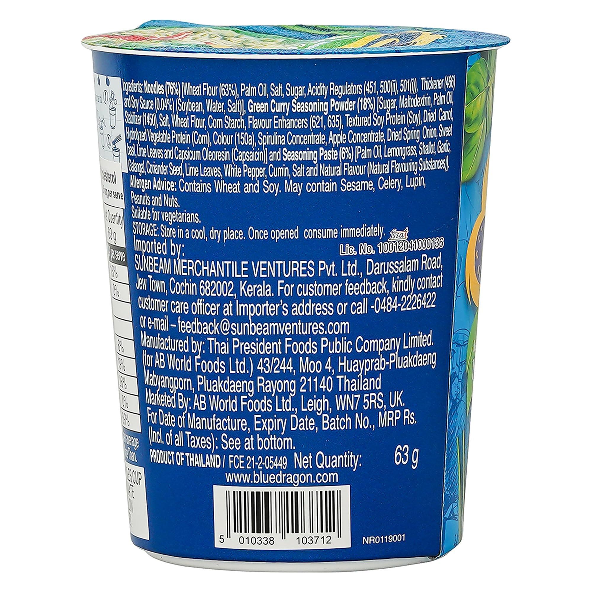 Blue Dragon Blue Dragon Instant Cup Noodle - Thai Green Curry Cup Noodle | Easy to Making | Vegetarian Food | No Preservative & Artificial Colors | Instant Cup Noodle - 63gm
