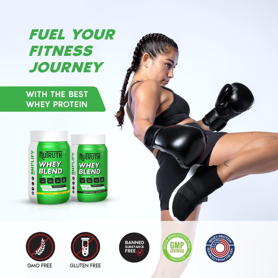 NUTRUTH NUTRUTH Amplify Whey Blend Protein (Isolate + Concentrate) Belgium Chocolate flavour, 24g Protein, 5.38g BCAA, added 20 Vitamins & Minerals, 924gm / 2.03 lb + 500 ml Shaker Free