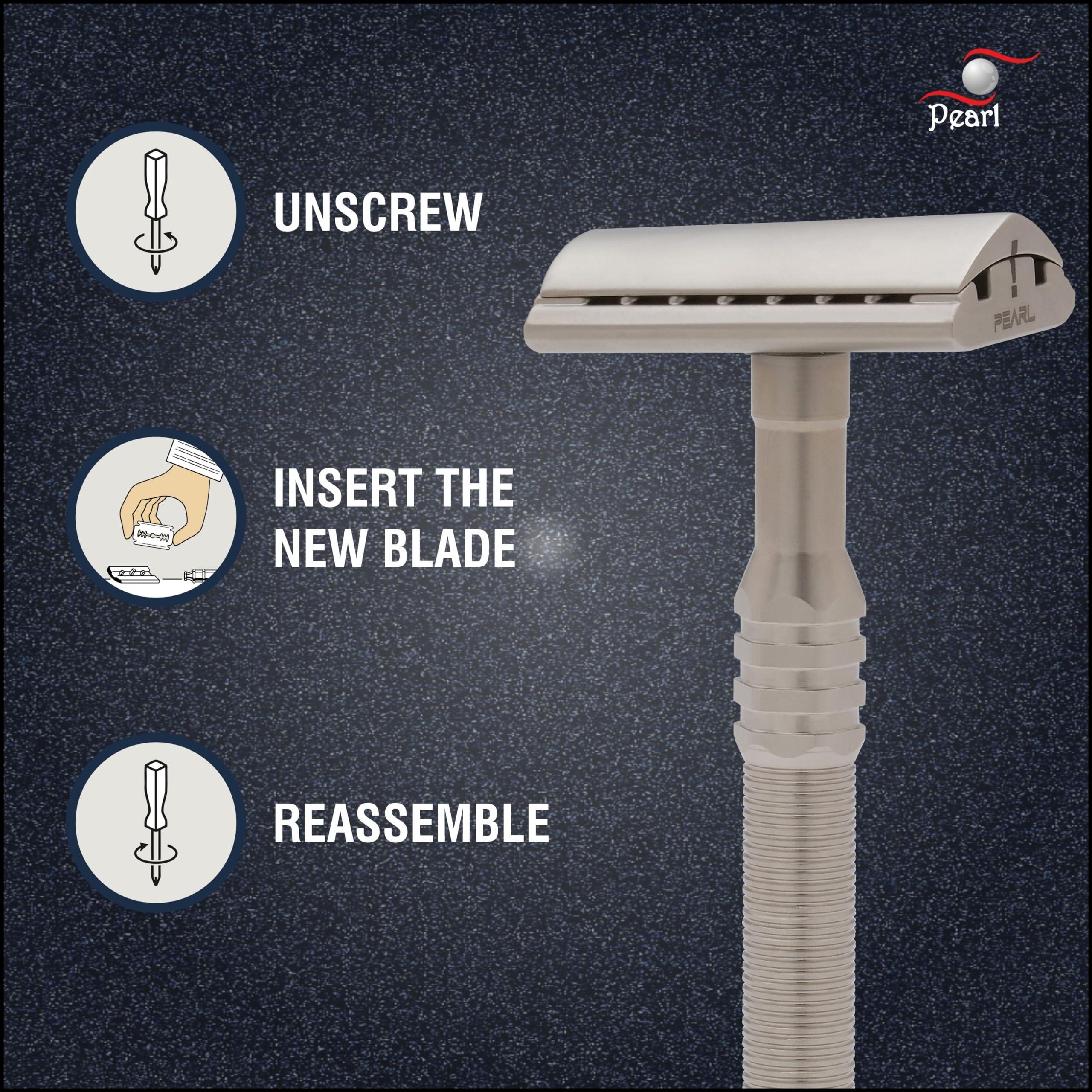 PEARL Premium Pearl Shaving Double Edge Safety Razor for Men- Semi Slant Stainless Steel | Efficient & Gentle Shave for Thick, Wiry Hair Sensitive Skin | L-65 Semi Slant DE Razor | Republic Day Deal