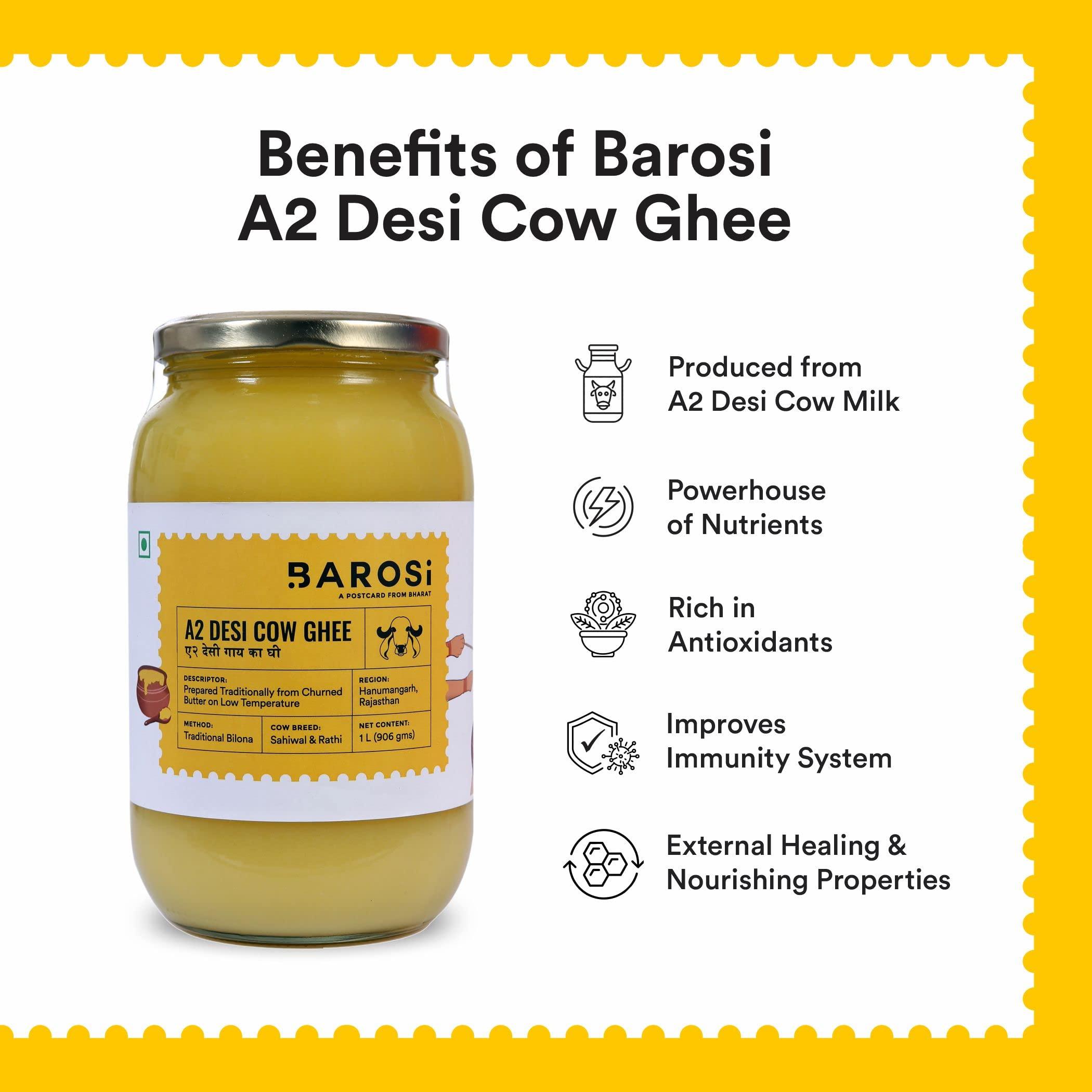 Barosi Barosi Premium A2 Cow Ghee 1 Litre | A2 Danedar Desi Ghee | Churned from Curd with Bilona Method | Pure & Aromatic | Organic, Farm Made in Small Batches | Glass Jar