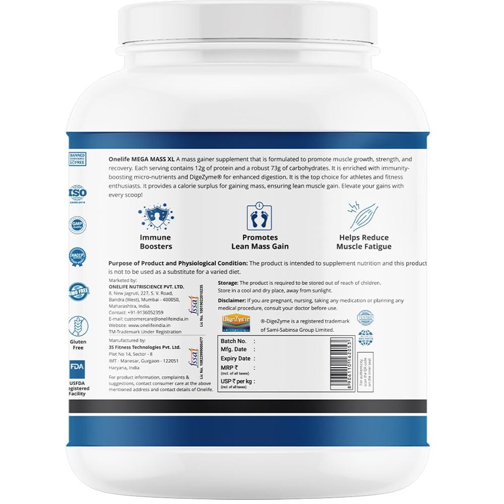 OneLife Onelife Mega Mass Gainer XL | 1050 Calories/day, 219 Carbs/day, 36g/day Protein, Vitamins & Minerals I For Lean Mass & Muscle Gain I No Added Sugar, Powered with Digezyme I Kulfi Flavour 3kg