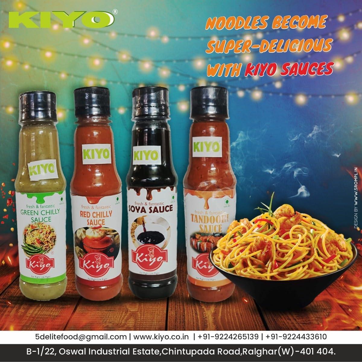 Kiyo KIYO Combo Pack Of Red Chilly Sauce, Green Chilly Sauce, Soya Sauce & Red Chilly Garlic Sauce || Vegan and Natural Ingredients || Made With Fresh Chillies And Garlic || 210 gm Each (Pack Of 4)