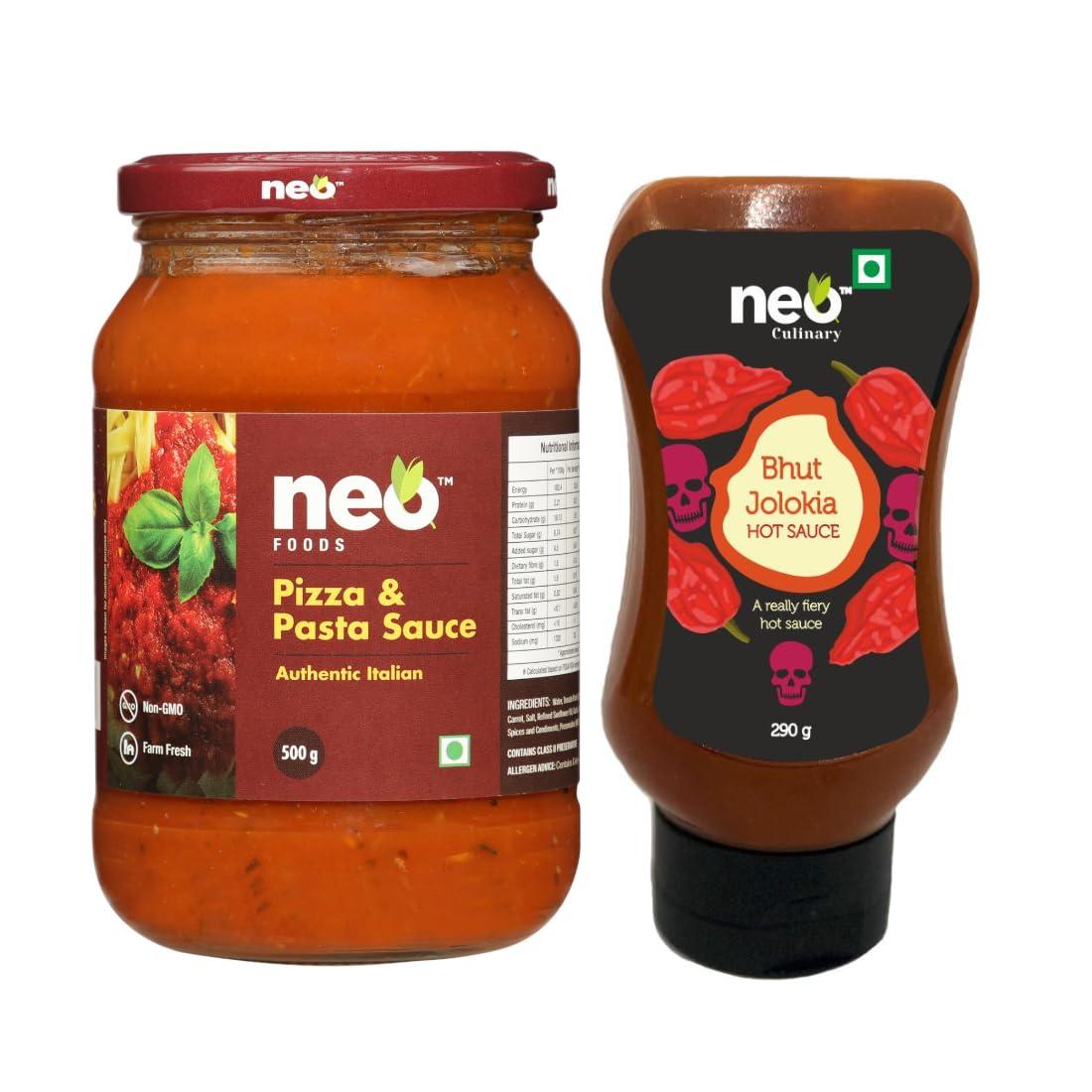 Neo Neo Pizza Pasta Sauce 500g & Hot Sauce 215g I Made with Ghost Peppers (Bhut Jolokia Chilli) I Topping & Dip for Snacks,Mix with Cheese,Mayonnaise I Ready to Eat I Farm Fresh I Vegan