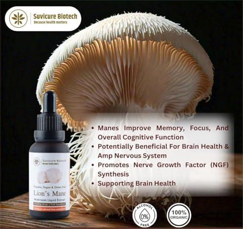 Suvicure Biotech Suvicure Biotech Lion\'s Mane Mushroom Liquid Extract - 30ml | Supports Cognitive Function, Focus, Mental Clarity, Mood, and Brain Health | Natural Herbal Supplement | 60 Servings
