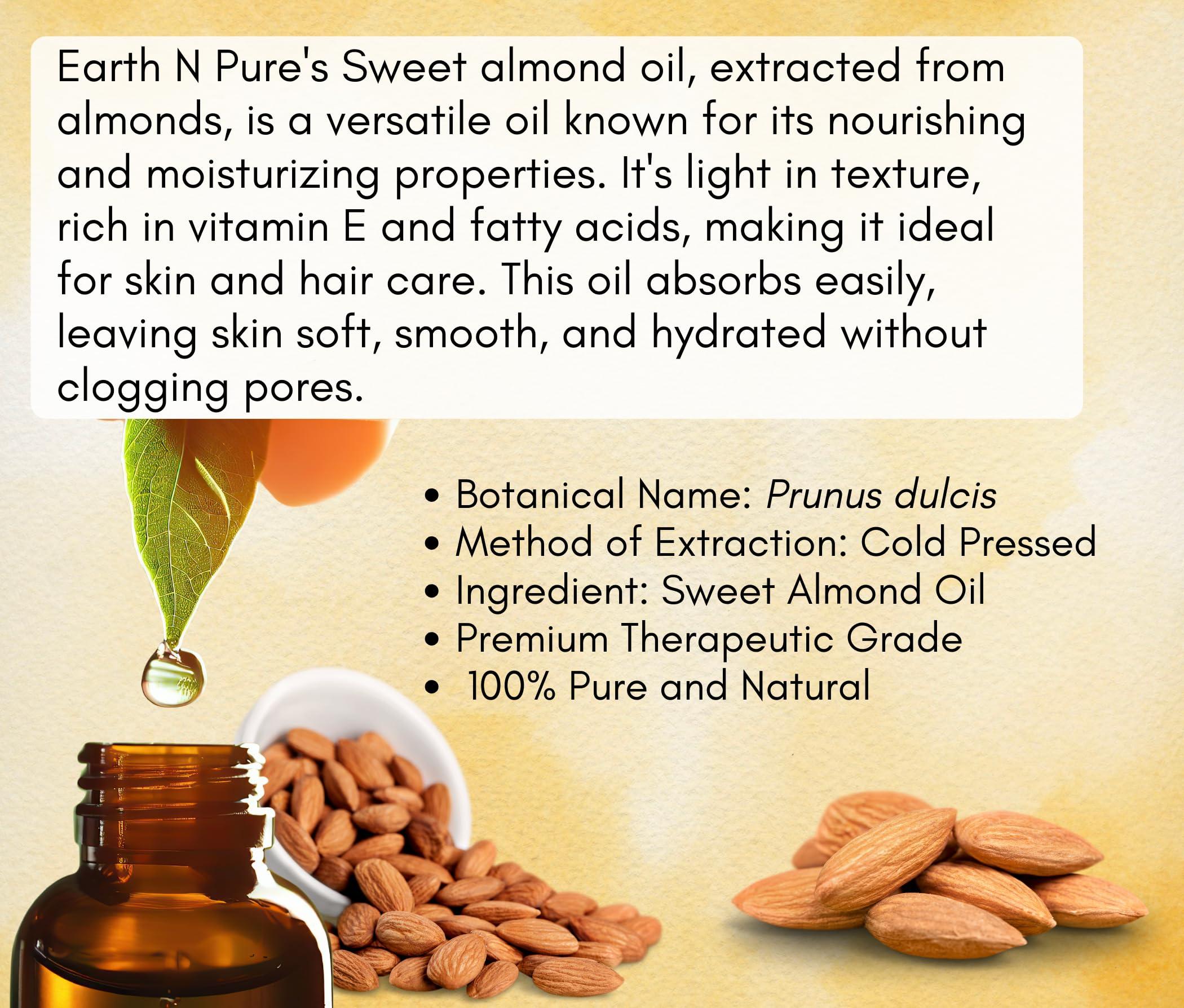 EARTH N PURE Earth N Pure Sweet Almond Oil (Badam Oil) Cold Pressed, Therapeutic Grade for Body, Skin, Hair 200 ml
