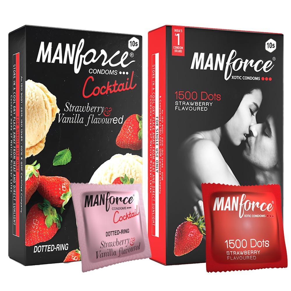 Manforce Manforce Xotic Strawberry & Cocktail Strawberry and Vanilla Flavoured Condoms for Men| 20 Count (Pack of 2)| Lubricated Latex Condoms