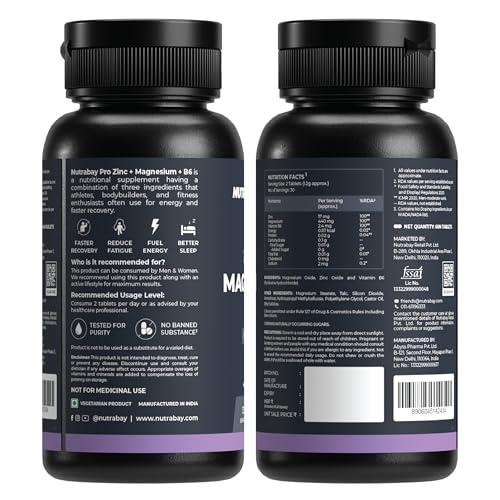 Nutrabay Nutrabay Pro Zinc Magnesium (ZMA) with 100% RDA of Zinc, Magnesium Aspartate and Vitamin B6 - For Muscle Strength, Recovery, Restful Sleep & Anxiety Relief supplement for Men & Women - 60 Veg Tablets