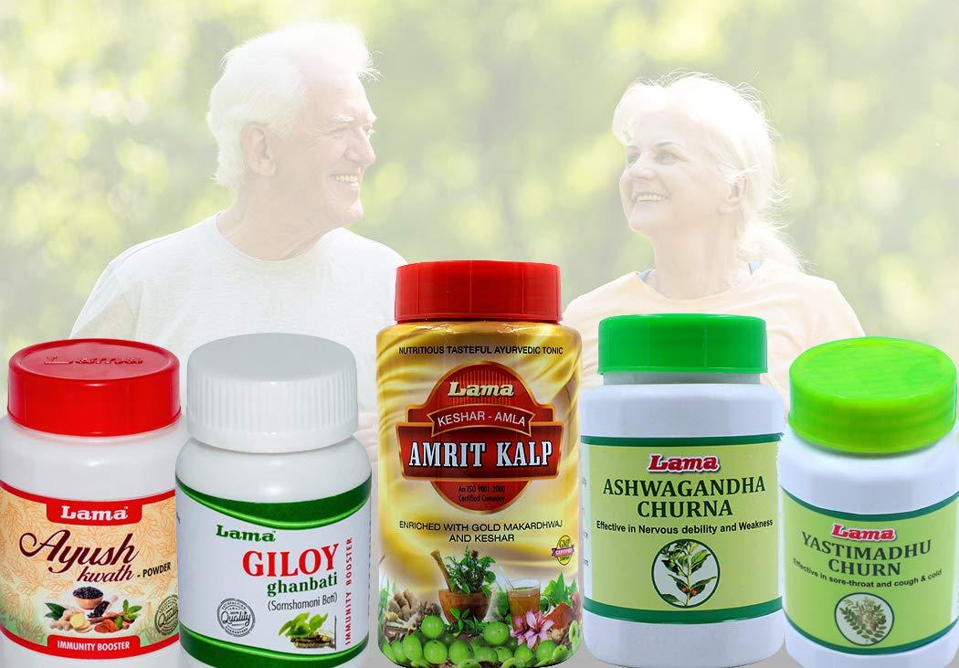 LAMA Immunity Kit for Senior Citizen - Giloy Ghan Bati, Ayush Kwath Powder, Ashwagandha Churna, Yastimadhu Churna, AmritKalp 500g - 1 pack each