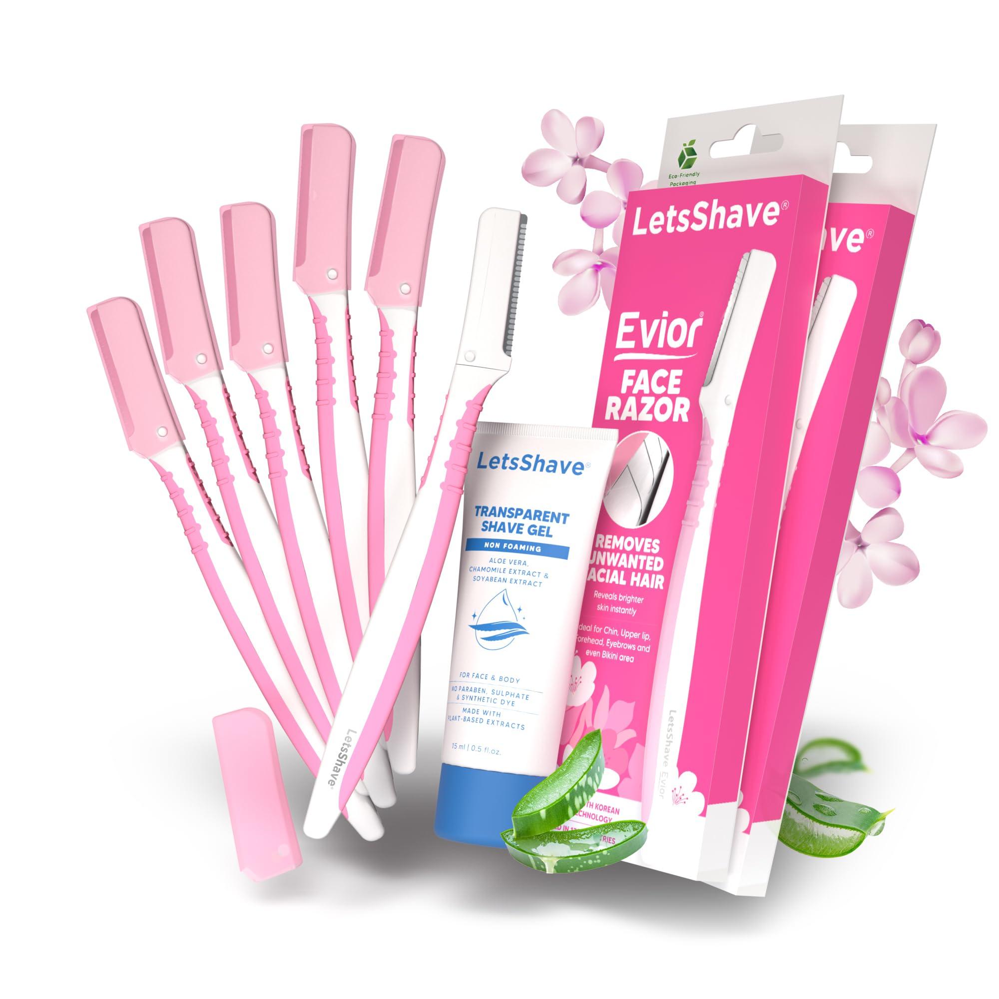 LetsShave LetsShave Evior Face & Eyebrow Razor For Women - Pack of 6 + Free Transparent Shave Gel 15ml | Skin-Safe Hair Removal Razors | For Eyebrows, Upper Lip, Forehead, Peach Fuzz | 300 Days of Dermaplaning