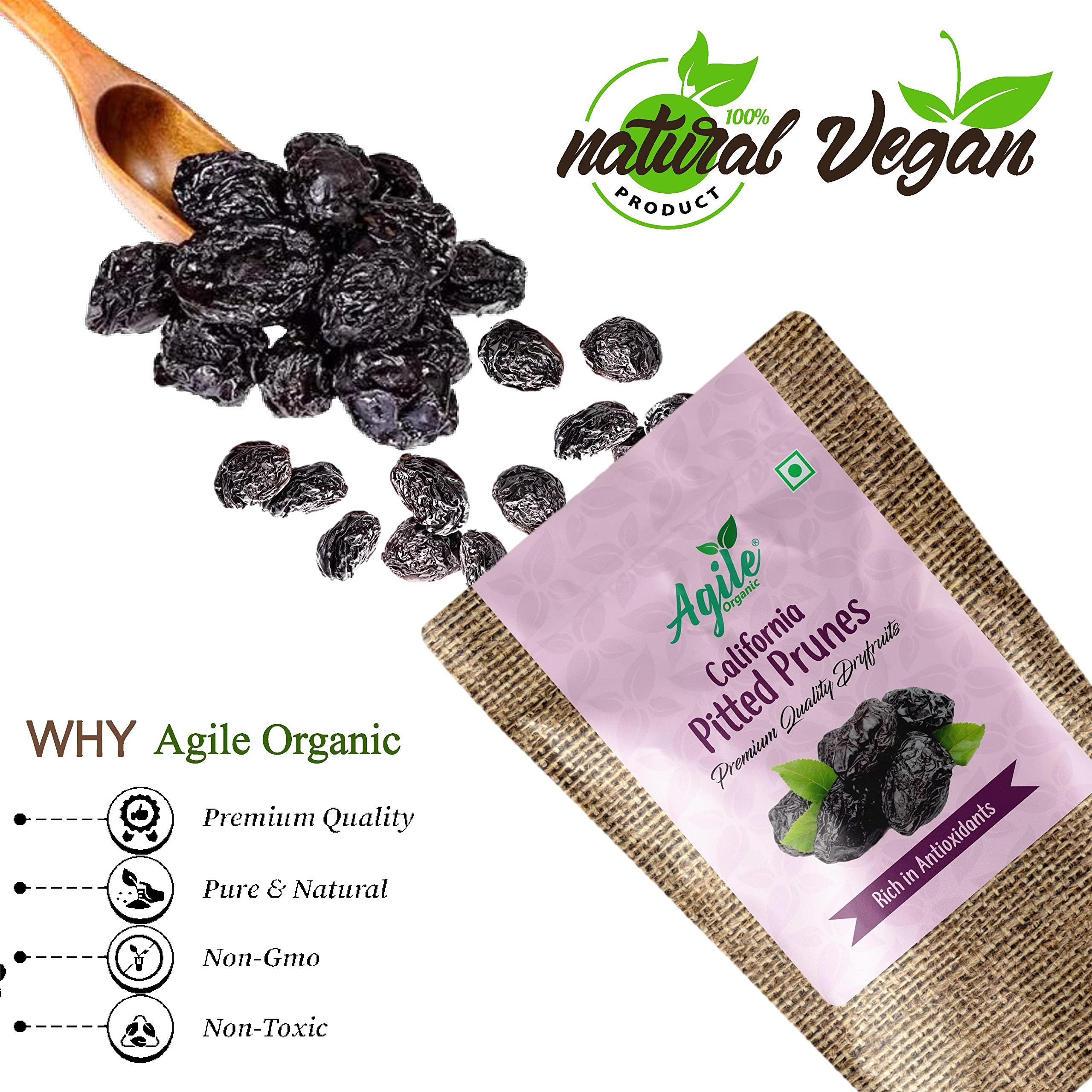 Agile Organic Agile Organic California Pitted Prunes (Dried Seedless Plums) 400g (200g X 2) | Dried Plum | Seedless | Gluten Free | Non GMO | High in Dietary Fiber | Healty Snacks | Prunes 400 grams