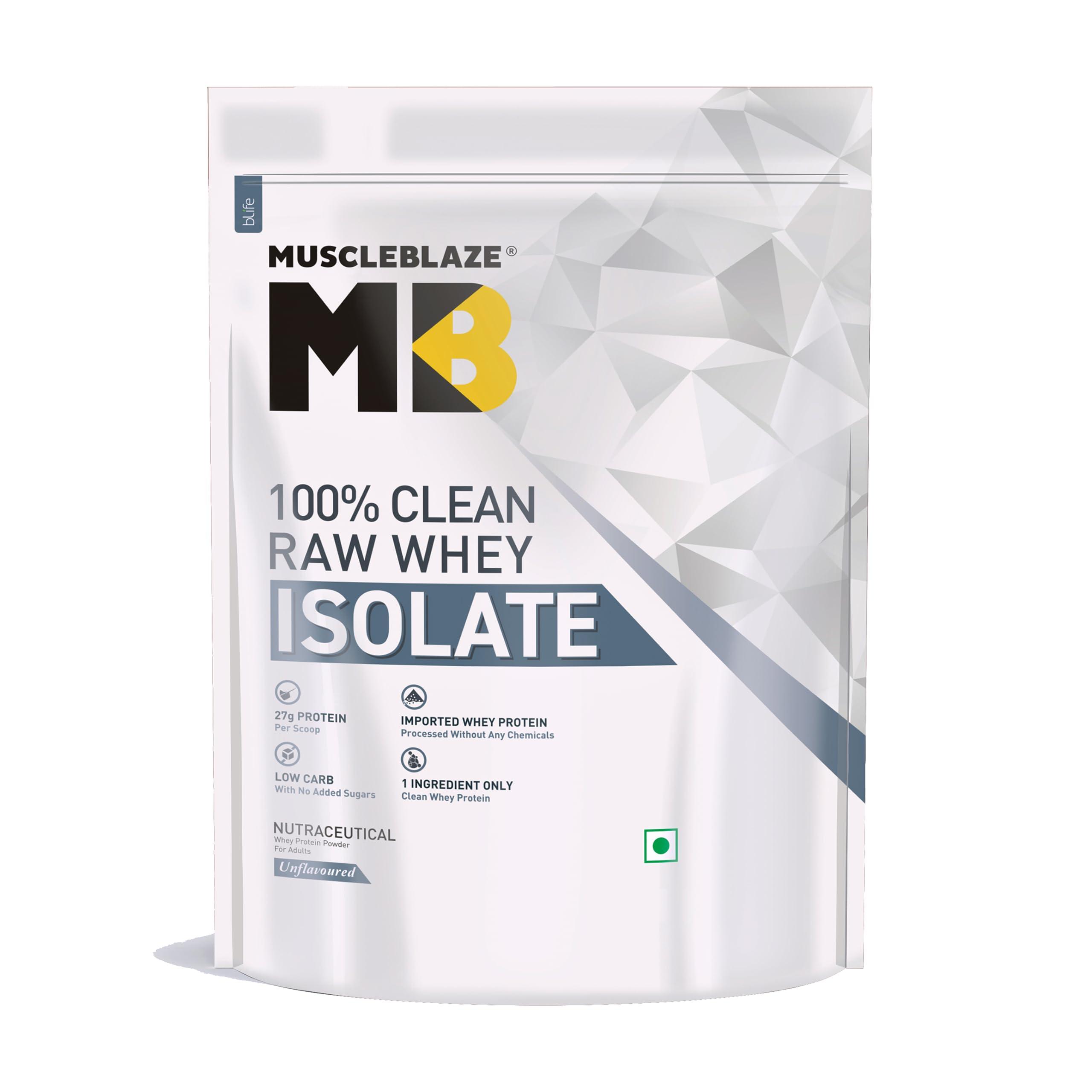 MuscleBlaze MuscleBlaze 100% Clean Raw Whey Protein Isolate (Unflavoured, 1kg) | 27g Protein per Scoop | Easy to Digest