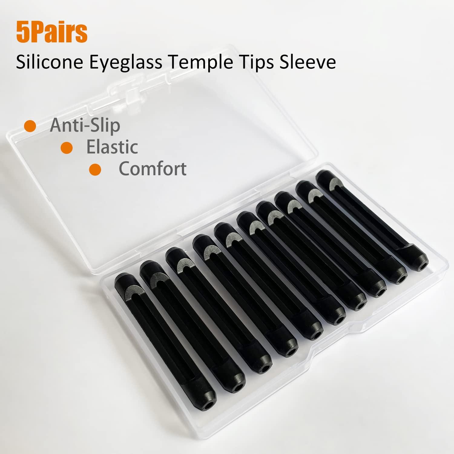 PTSLKHN PTSLKHN Silicone Eyeglass Temple Tips Sleeve Retainer, 5Pairs of Anti-Slip Elastic Comfort Glasses Retainers For Glasses, Sunglasses, Reading Glasses (Black)