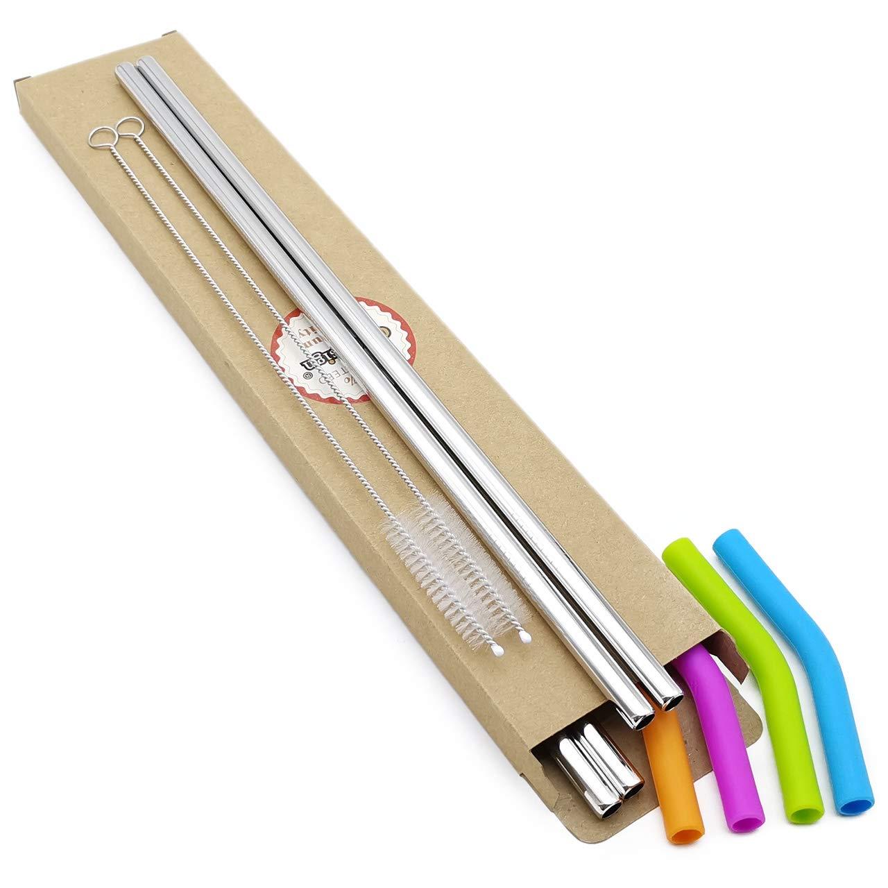 GFDesign Big Drinking Straws Reusable 14.5\" Extra Long 8mm Extra Wide Food-Grade 18/8 Stainless Steel Silicone Elbows Tips for Smoothie Milkshake Cocktail Juice Hot Drinks - Set of 4 + 2 Cleaning Brushes