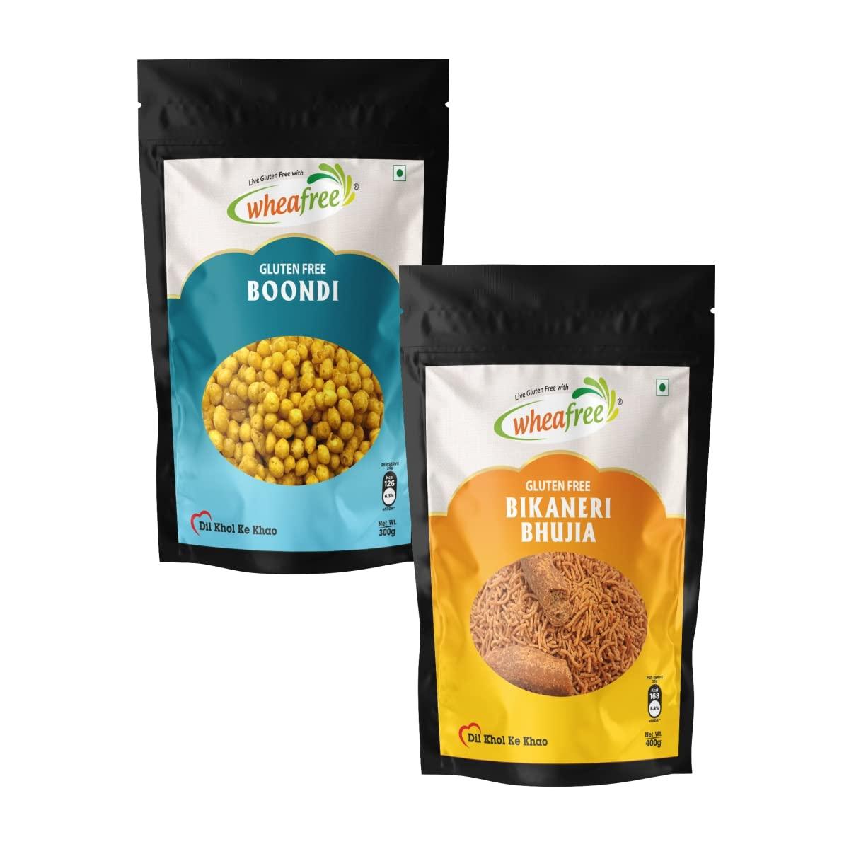 wheafree Wheafree Gluten Free Namkeen Combo Pack - Bikaneri Bhujia 400g + Boondi 300g | Delicious, Ready to Eat Snacks | Indian Tasty Crispy and Crunchy Snacks | Tangy and Spicy Taste