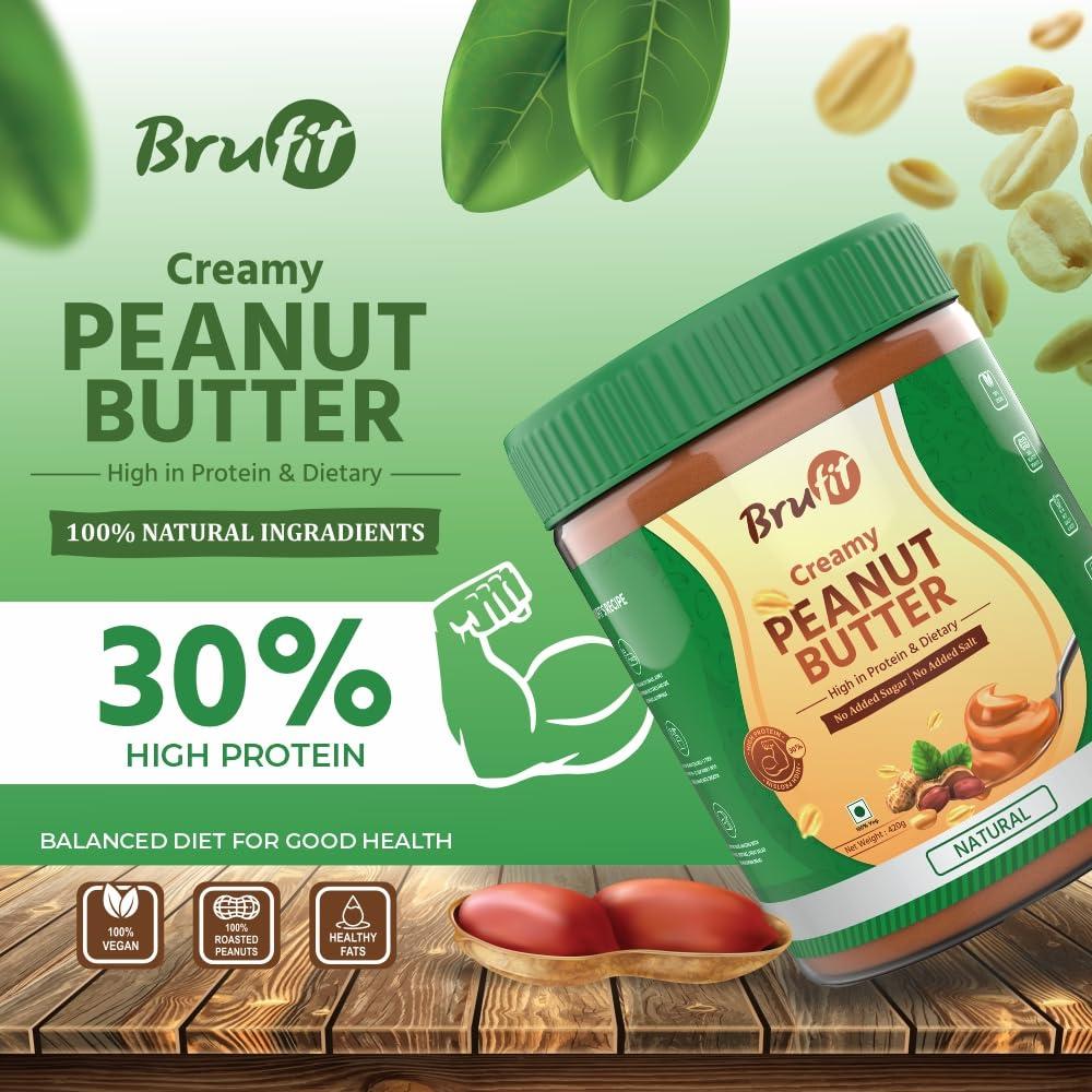 Brufit BruFit Natural Peanut Butter | 30g Protein | Unsweetened Healthy Nut Butter Spread with NO added Sugar | No-Cholesterol & Gluten | Zero Tans Fat | Creamy Peanut Butter (420 g)