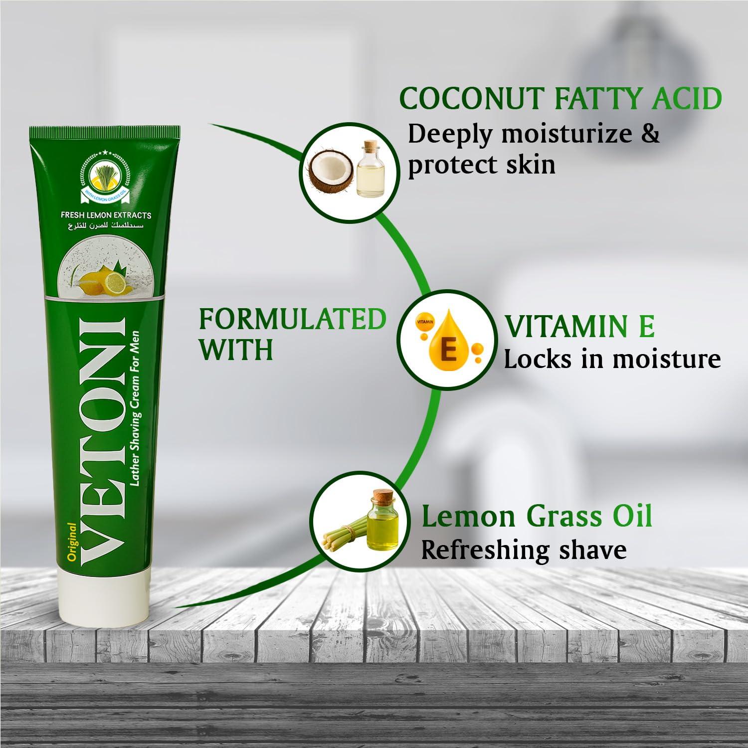 Vetoni Vetoni India Shaving Cream For Men, Tropical Lime Shaving Cream 125g With Aloevera Vitamin E and Bacti- Guard Formula, For All Skin Types, Heals, Moisturizes & Smoothens Skin (3 * 125gm)