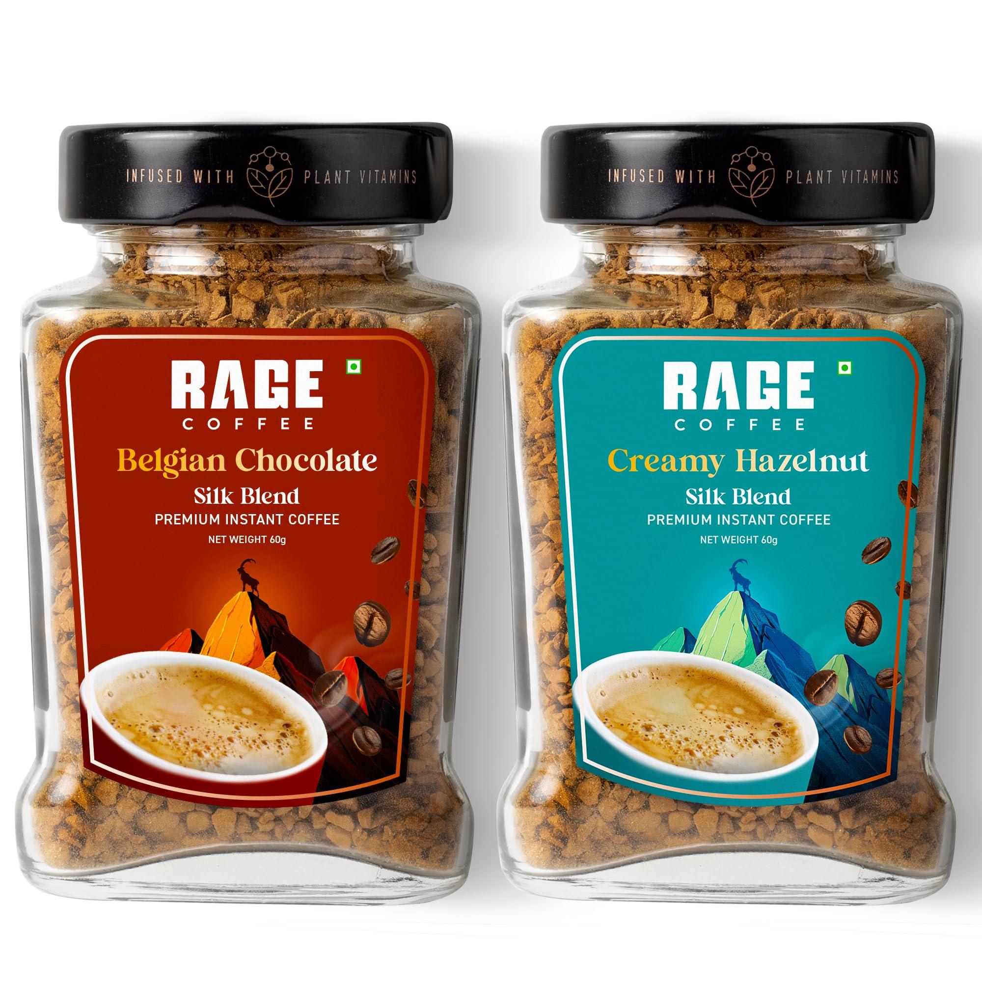 RAGE COFFEE RAGE COFFEE Silk Blend Instant Coffee|Belgian Chocolate & Creamy Hazelnut Silk Blend Flavoured Coffee 60 Gms Each|100% Pure Instant Coffee|Premium, Bold & Smooth|Pack Of 2 - Powder, Bottle