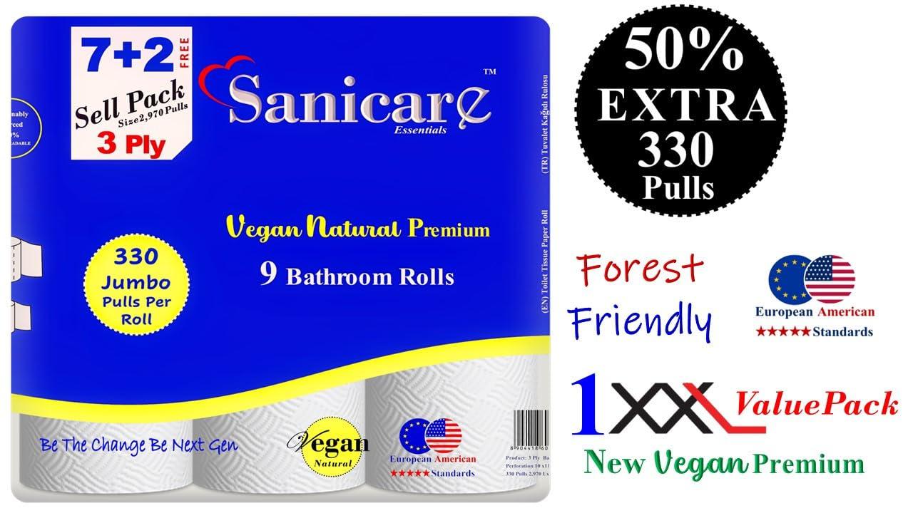 Sanicare Essentials Sanicare Toilet Paper 3 Ply VEGAN 7+2 (9 XXL Size Rolls Pack) American Size Rolls With 330 Pulls Per Roll (2970 Pulls Per Pack)
