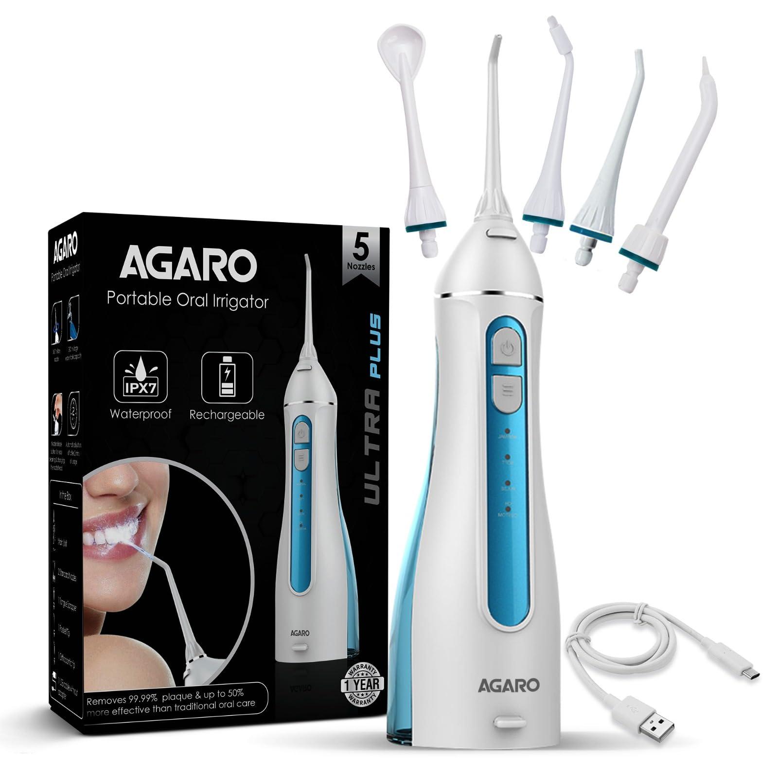 AGARO AGARO Ultra Plus Portable Dental Flosser for teeth, 5 Nozzles, Portable,Cordless & Rechargeable,4 Cleaning Modes,IPX7 Waterproof with 200ml Watertank, Flossing at Home & Travel,Oral Flosser,Oral Irrigator