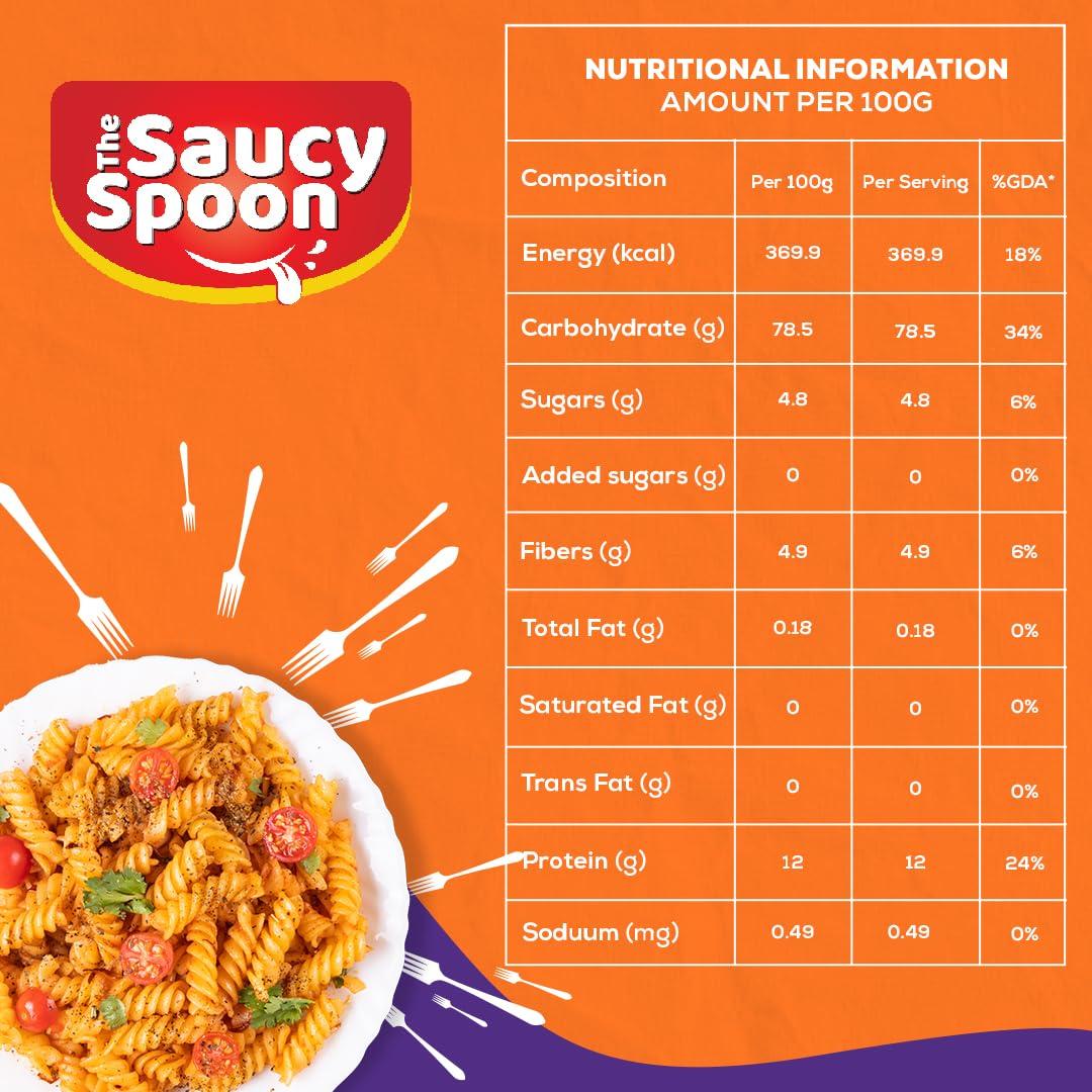 The Saucy Spoon The Saucy Spoon - Combo Penne & Fusilli Pasta | 100% Durum Wheat Low in Calories Healthy Cooked | No Chemical & Preservatives | Quality Ingredients High Protein & Fibre Vegan - 400g x 2