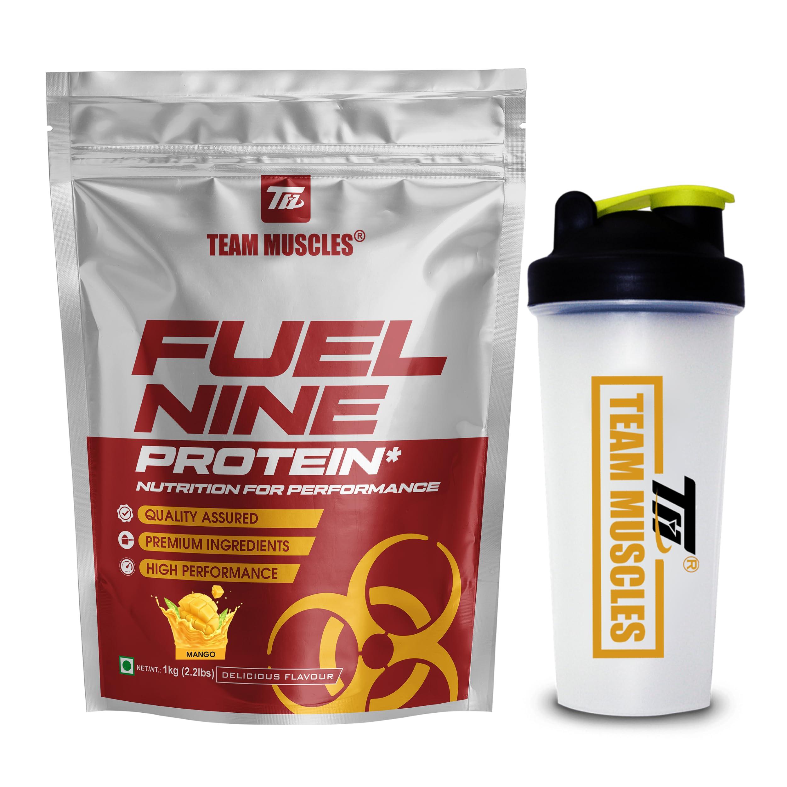 TEAM MUSCLES Team Muscles Fuel Nine Whey Protein-1 Kg | Whey Protein | Gold Whey | Tm Supplement | Protein Powder (Mango, PO1+Shaker)