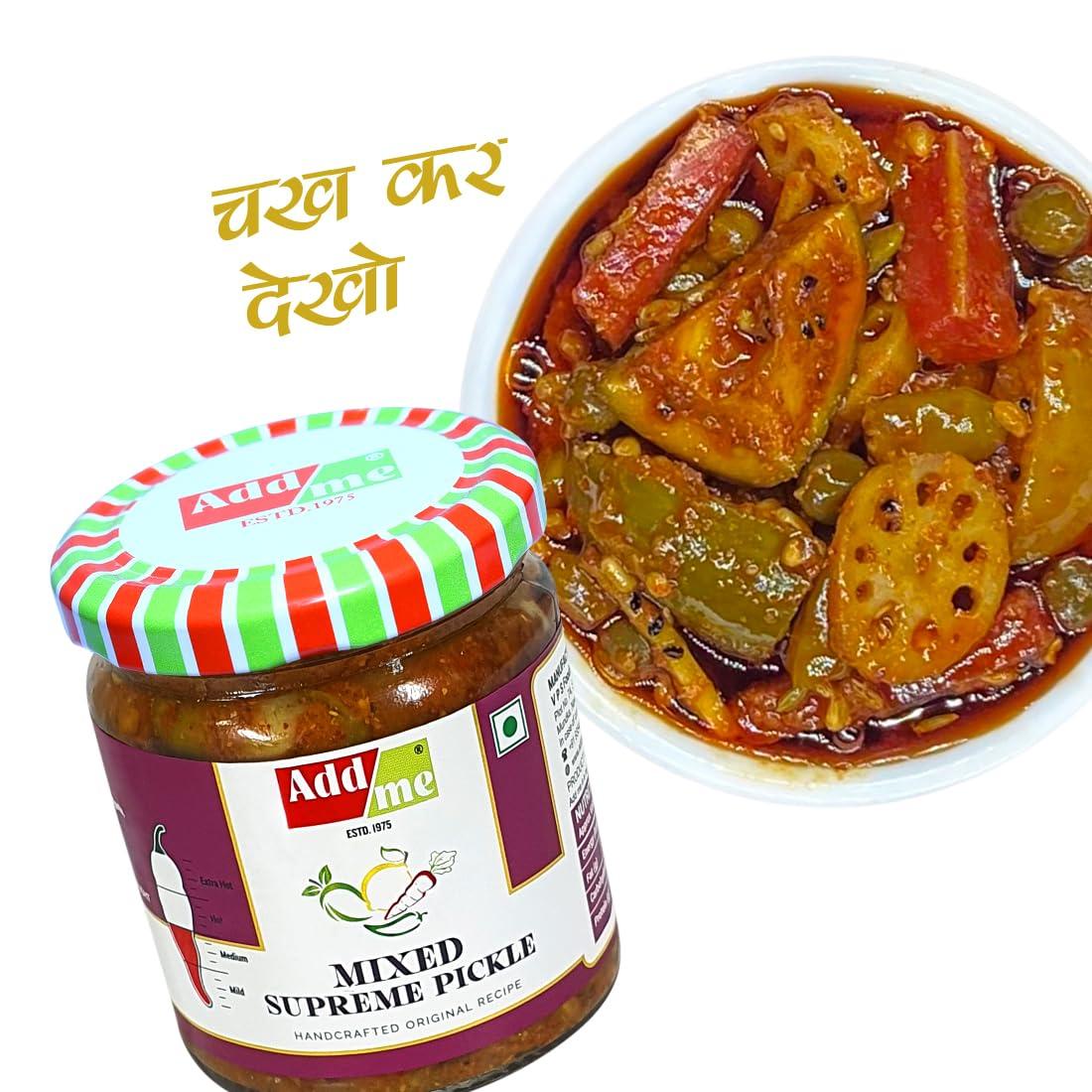 Add me Add me Homemade Rajasthani Mix Achar Mixed Supreme Mango Chilli Lemon Carrot ker Ginger karonda lasoda Fruit Pickle 200gm Glass Jar