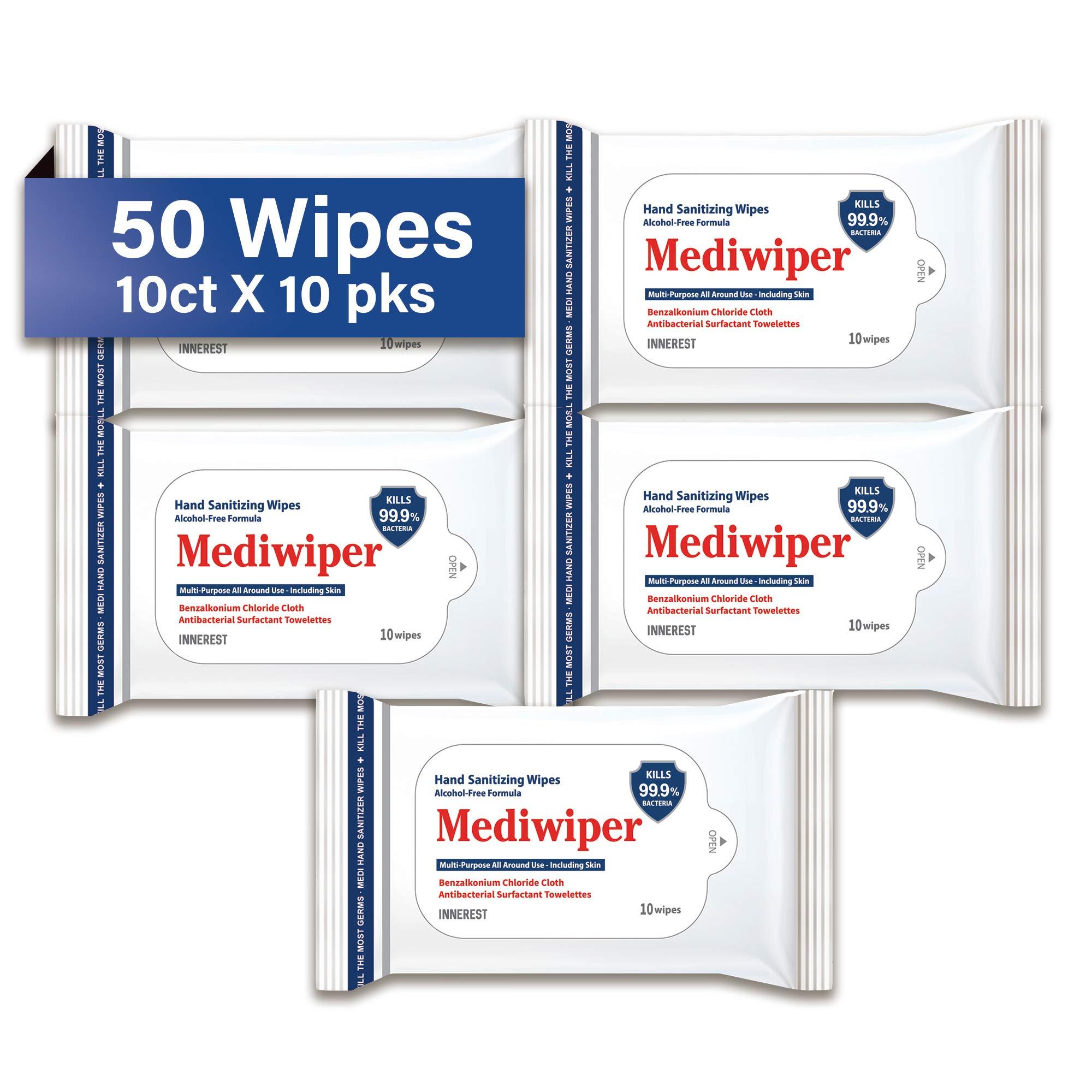 Innerest Innerest Mediwiper Hand Wet Wipes, Hypoallergenic Travel Size Hand Cleaning Wipes (10 CT (Pack of 5))