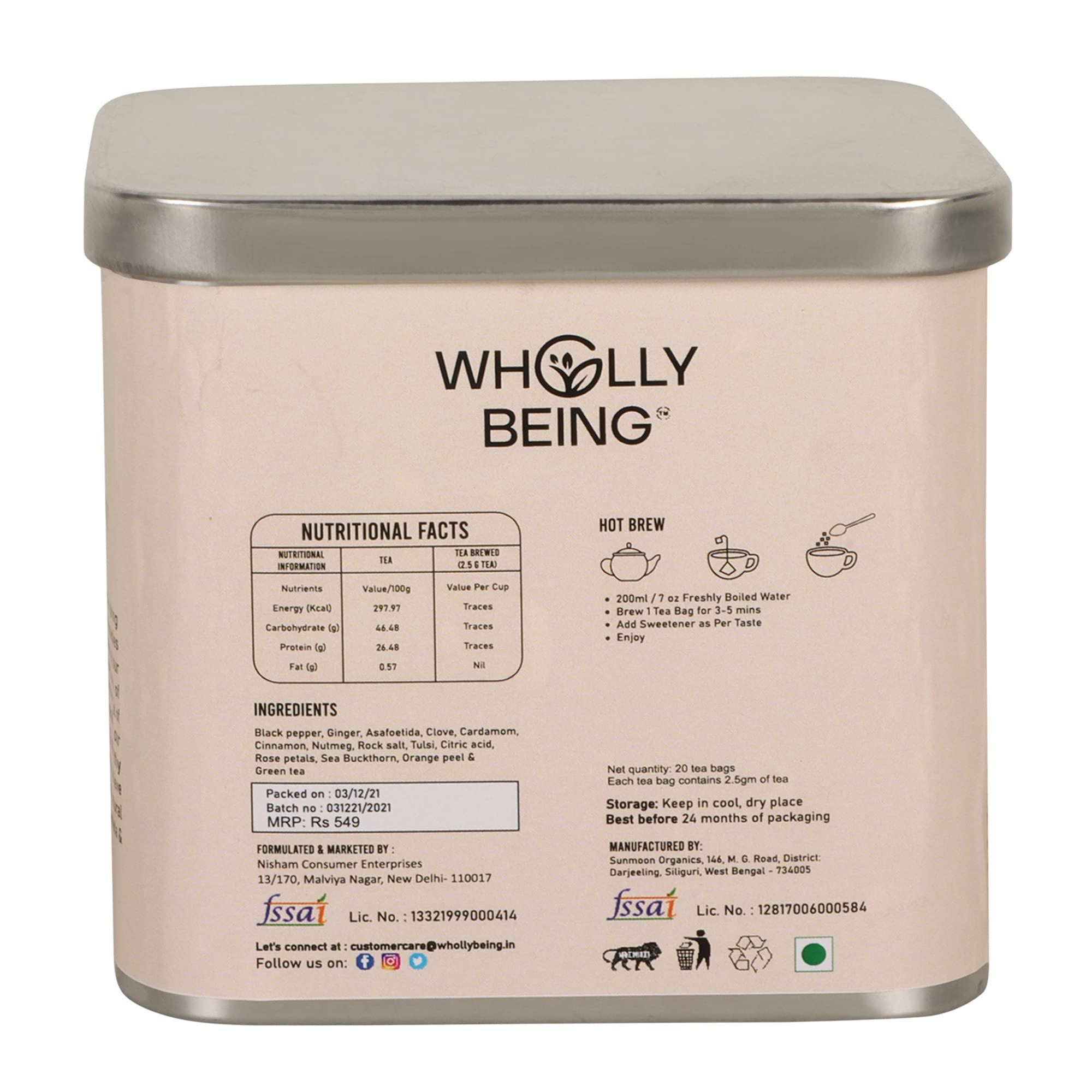 Wholly Being Wholly Being - Detox Kahwa Tea with for skin glow and gut detox with Nutmeg, Sea Buckthorn, Rose Petals, Orange Peels(20 tea bags)