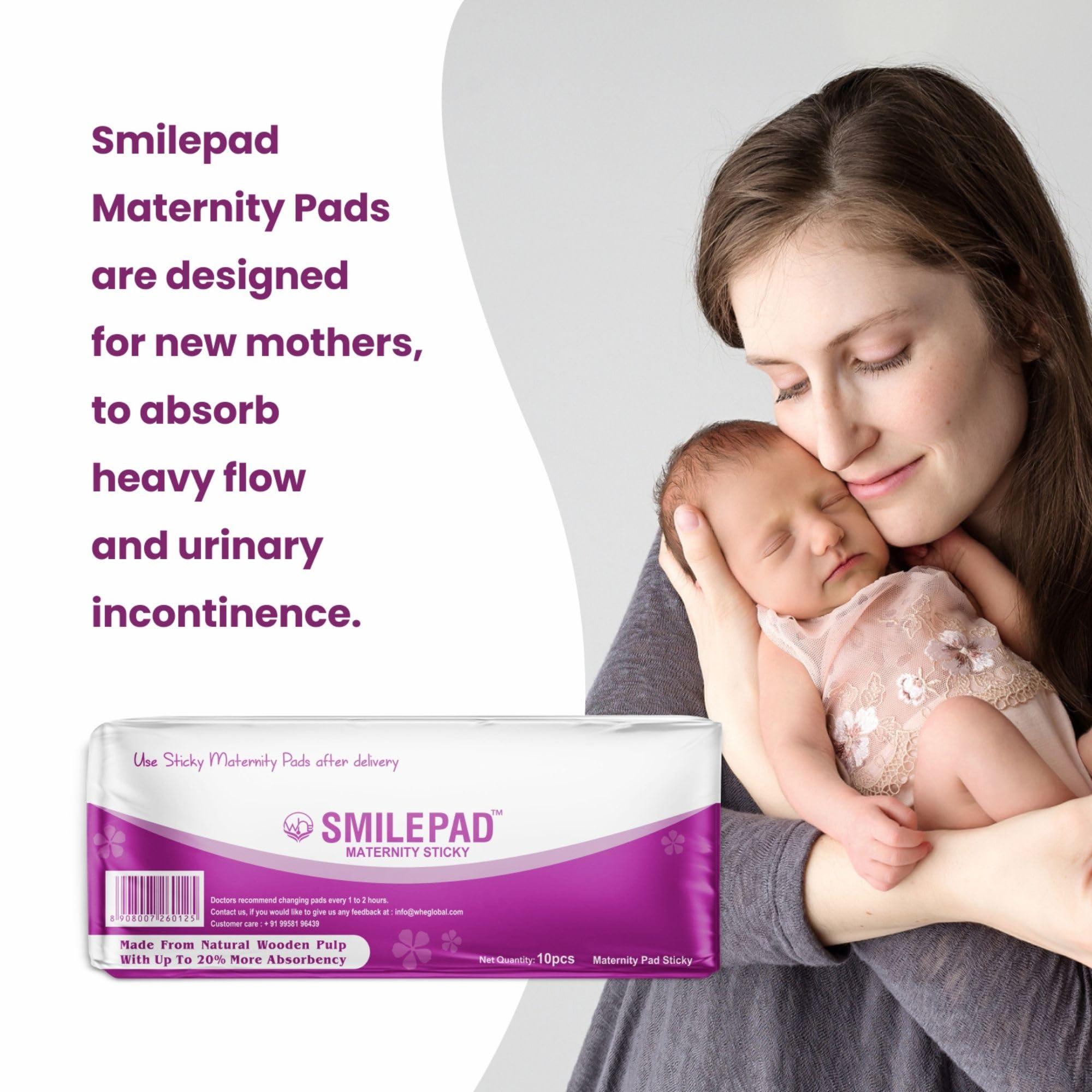 SMILE PAD Smilepad Sticky Maternity Pads for Women Post Pregnancy, Soft and Rash Free, Pack of 10 Delivery Pads - Perfect for Heavy Postpartum Bleeding, Active Moms, C-Section Recovery, Sensitive Skin